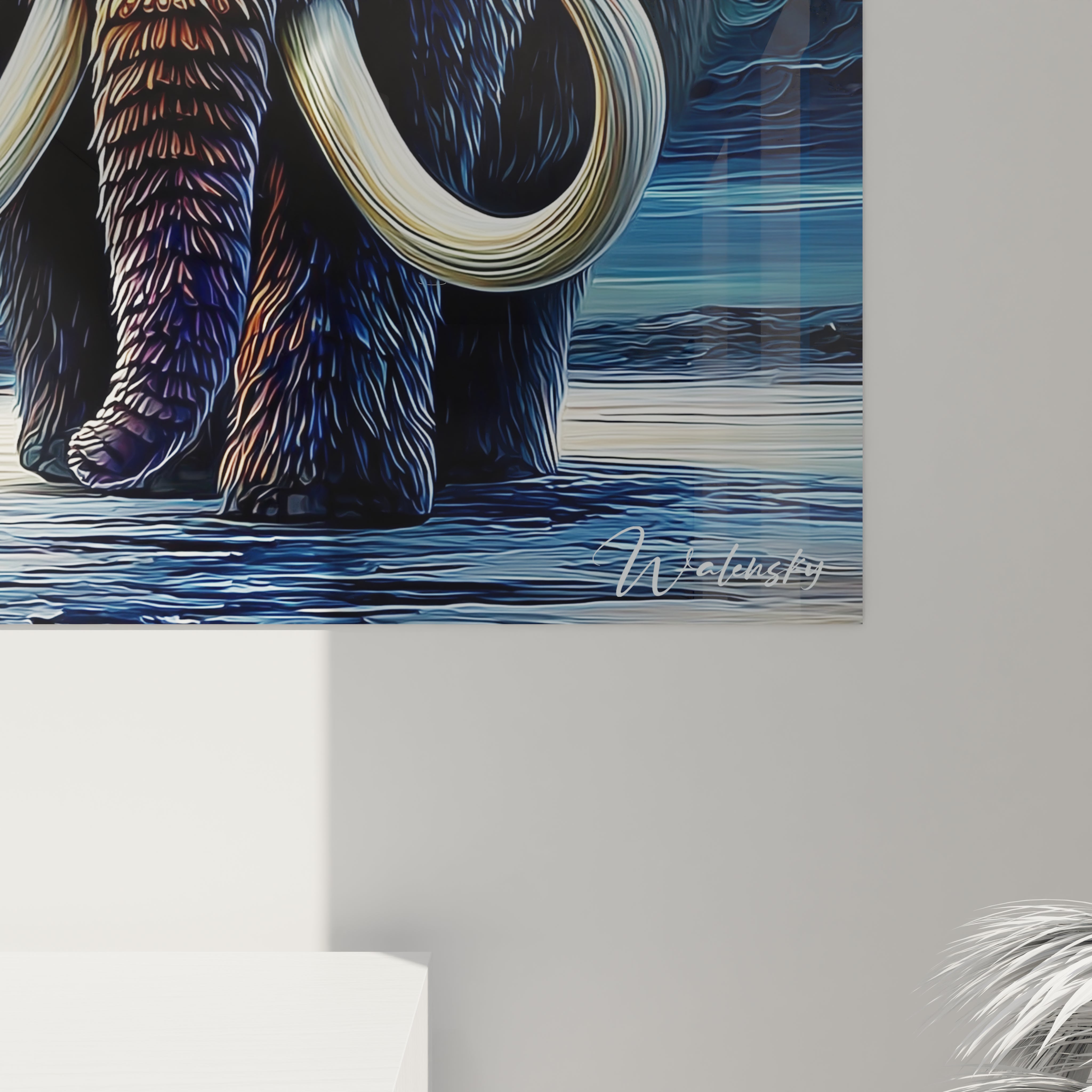 Vue d'ensemble tableau art préhistorique mammouth dans paysage aquatique aux nuages dramatiques