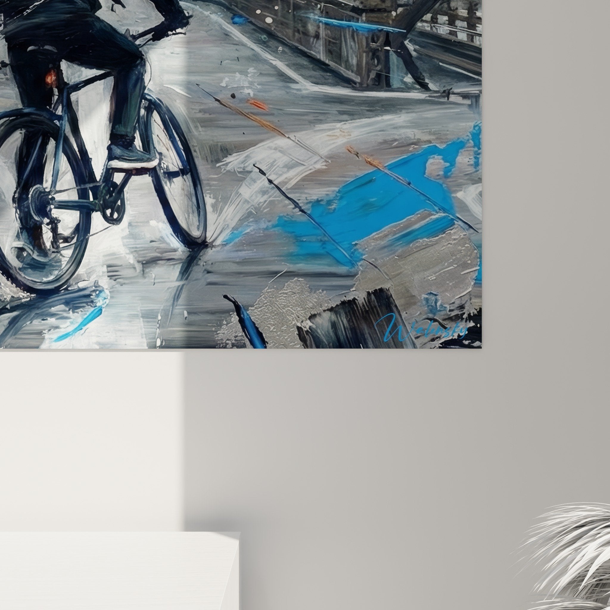 Gesamtansicht Radsportgemälde Brooklyn Bridge Wandkunst zeitgenössisch farbige Spritzer