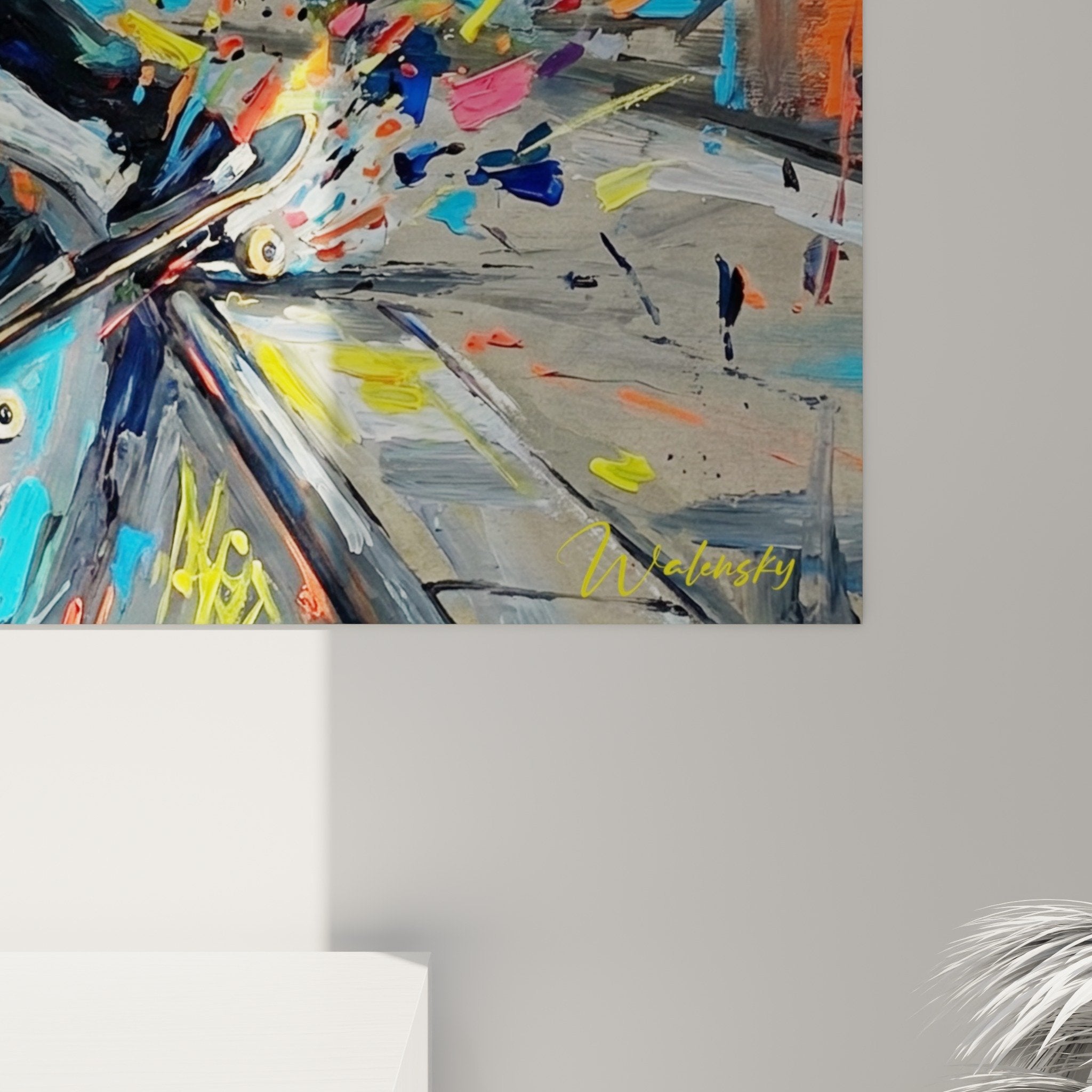 Full view skateboarder urban art painting modern interior decoration Brooklyn
