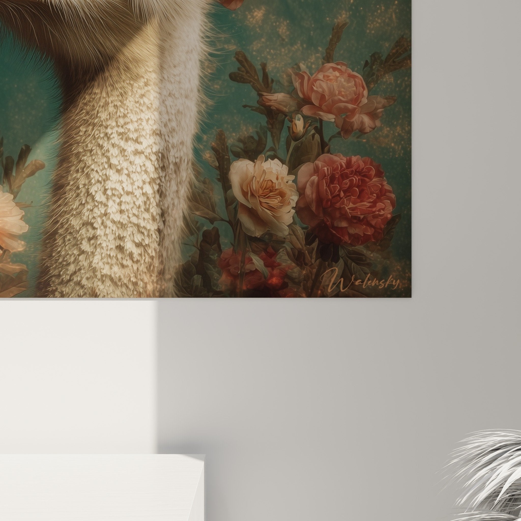 Porträtübersicht Strauß mit rosa Blüten auf tiefturquoise Hintergrund, poetische Atmosphäre