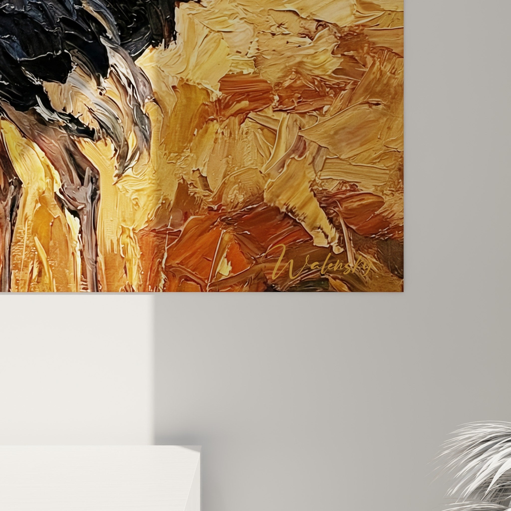 Overview artwork ostriches Australian landscape warm ochre orange tones modern interior decoration
