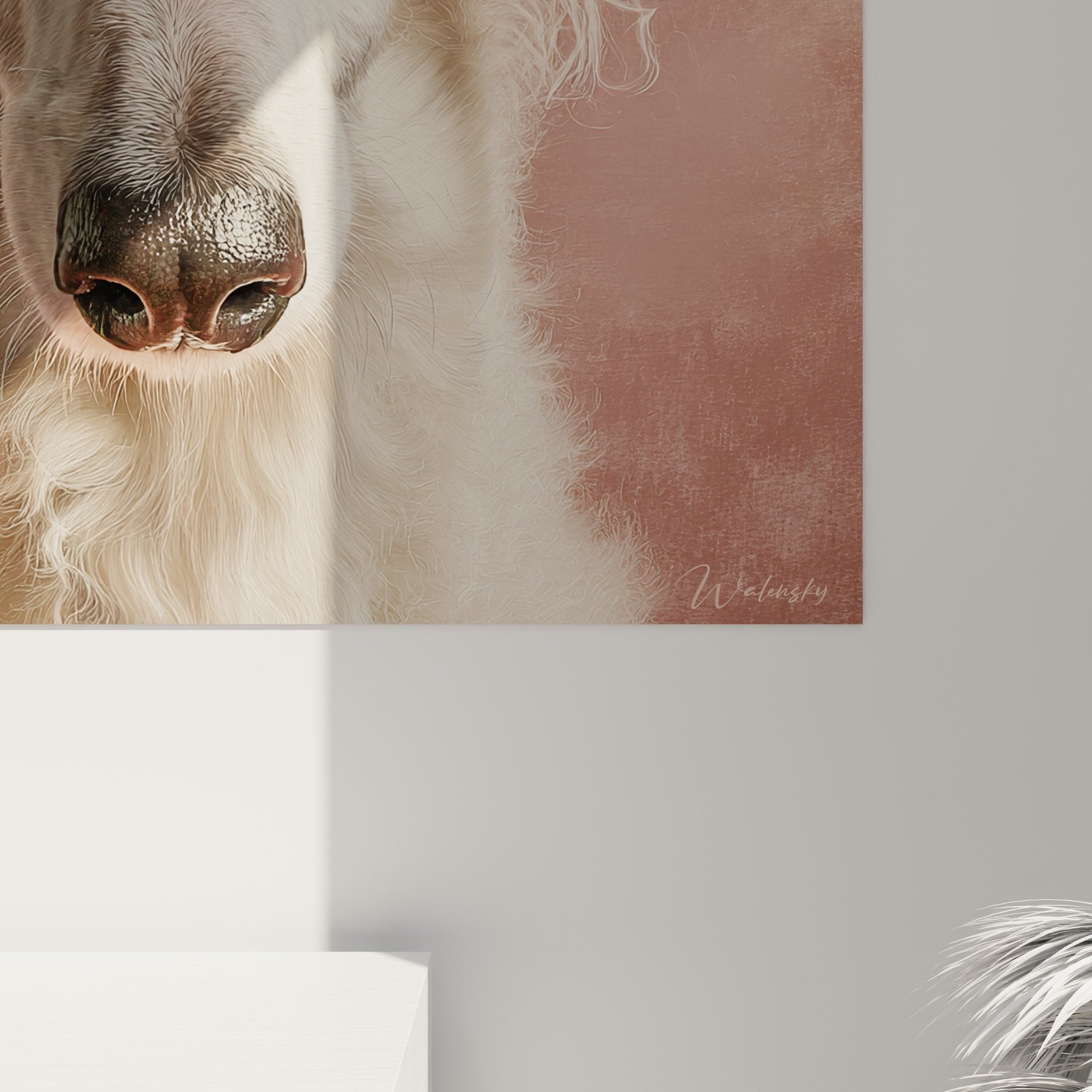 Vue d'ensemble portrait Barzoi mural, ambiance décorative raffinée, tons naturels apaisants