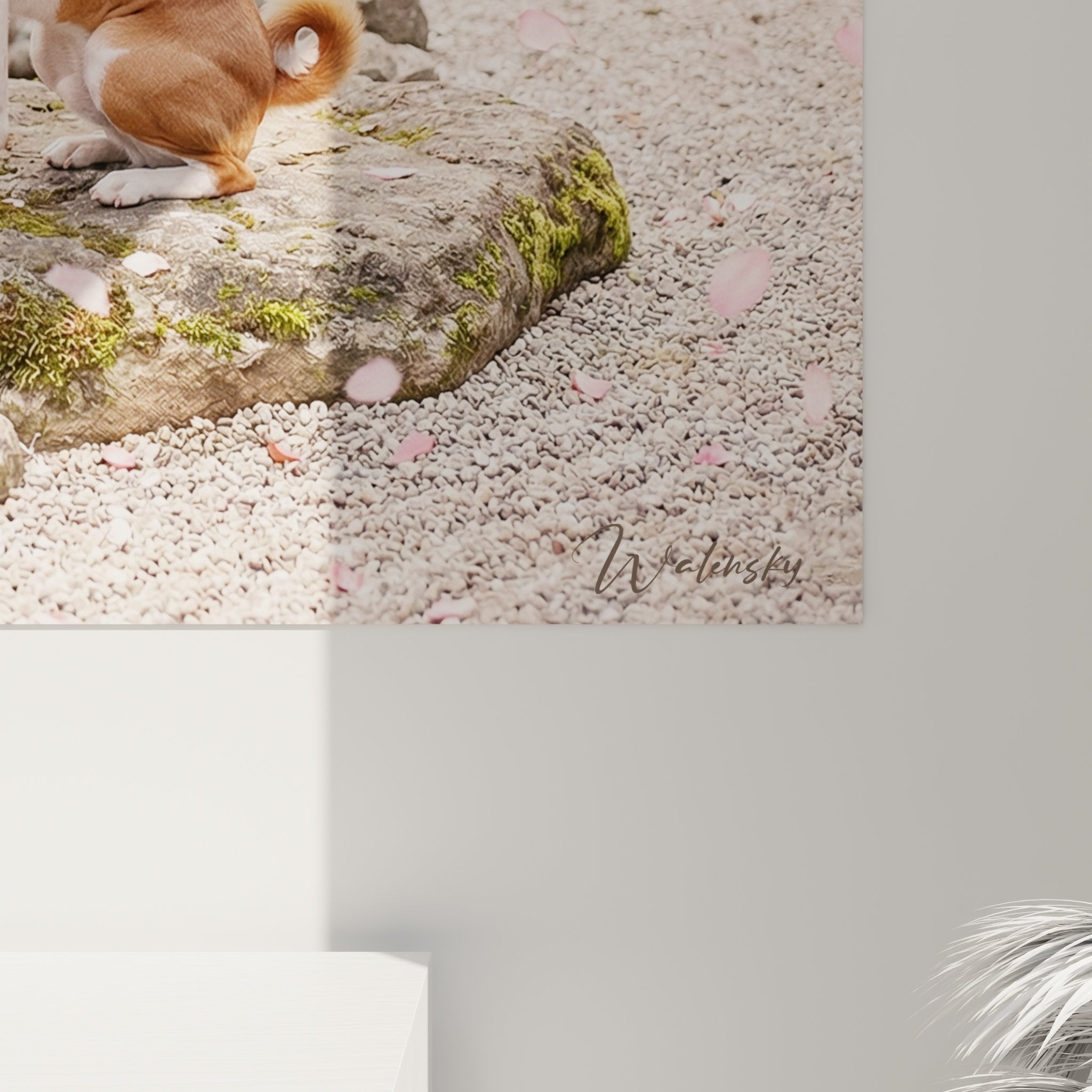 Vue d'ensemble tableau Basenji dans jardin japonais avec pont bois et ambiance zen