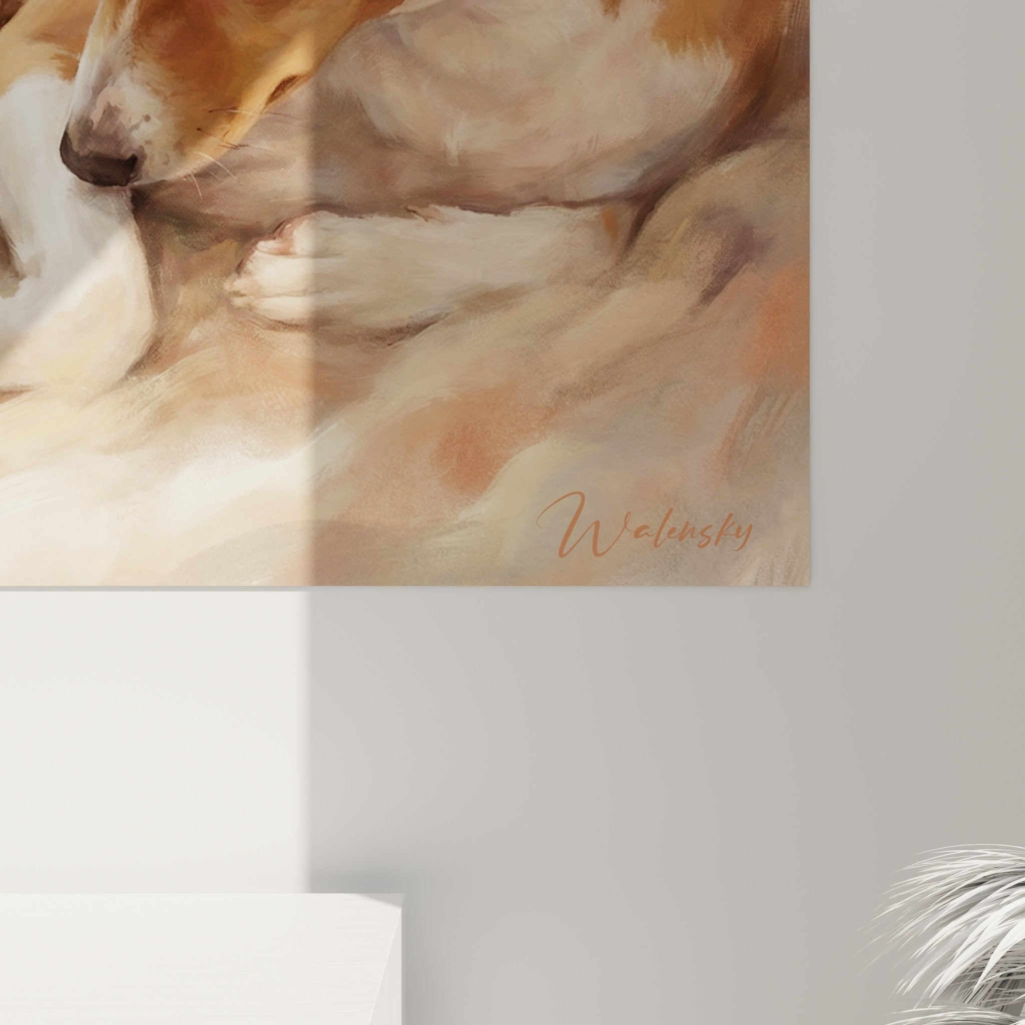 Übersichtsbild des Werks Basenji im Wohnzimmer, harmonische Integration in zeitgenössische Einrichtung