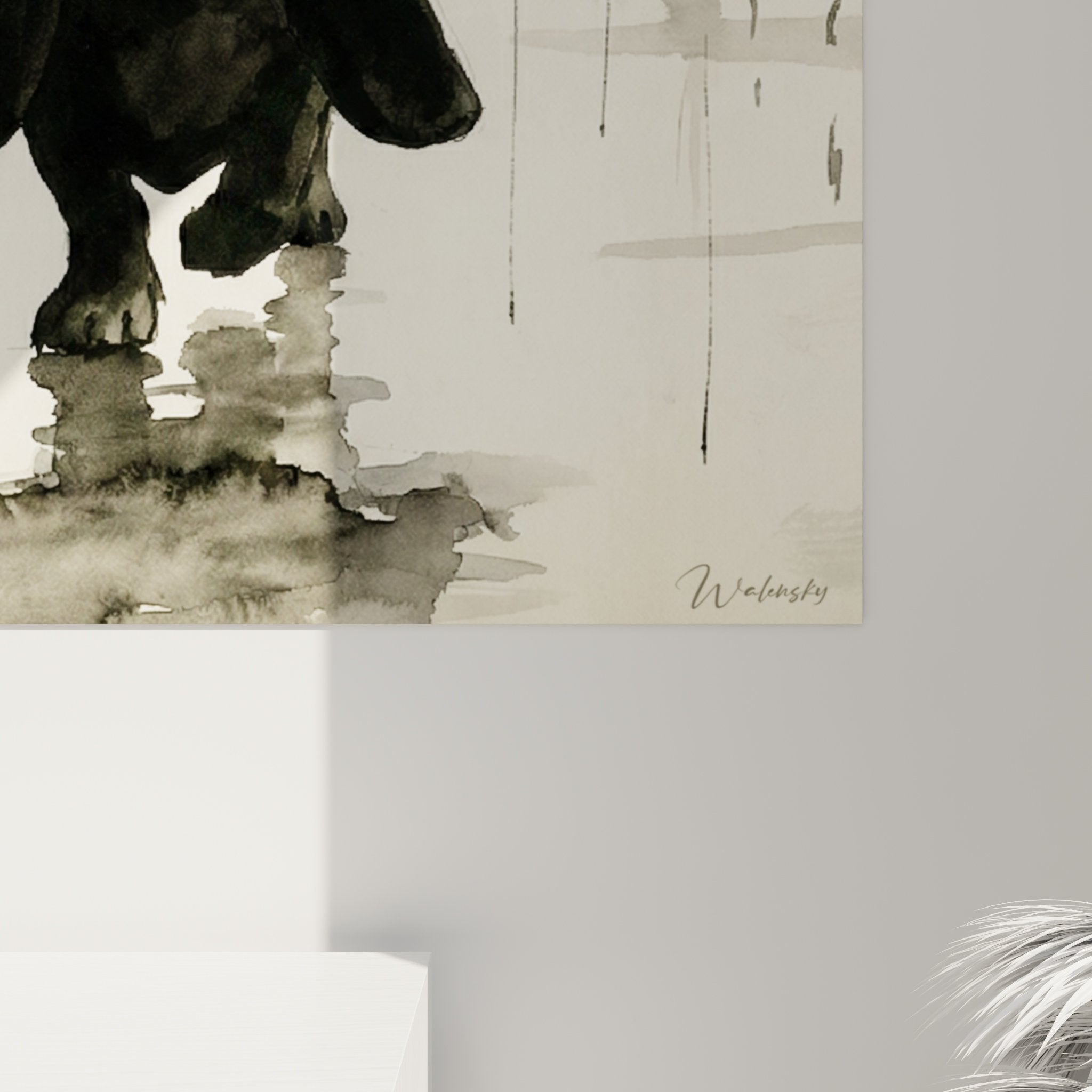 Vue d'ensemble tableau Basset Hound mélancolique, art mural contemporain style aquarelle douce