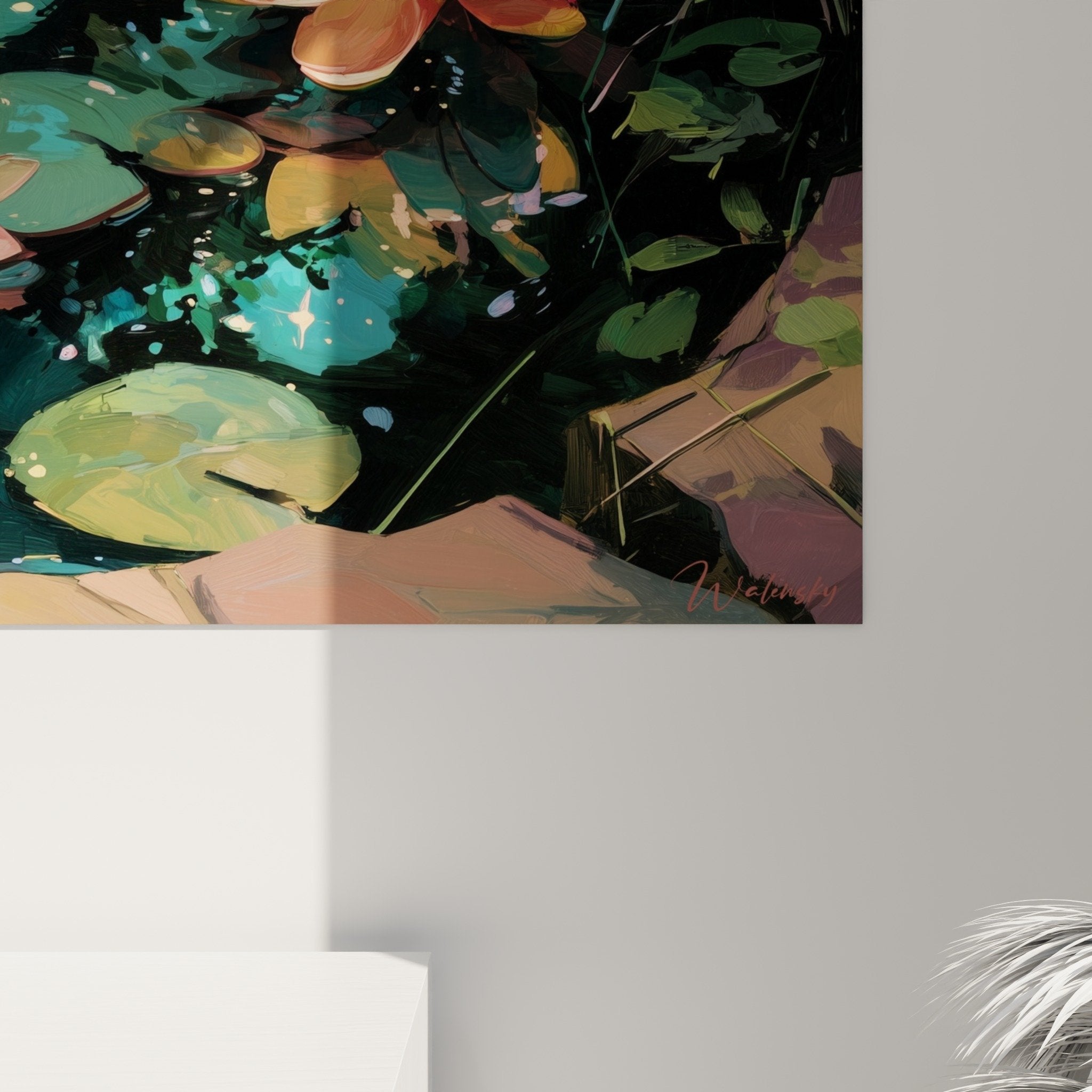 Overview of water lilies nighttime aquatic painting with golden reflections on dark water - Water Lily Edition