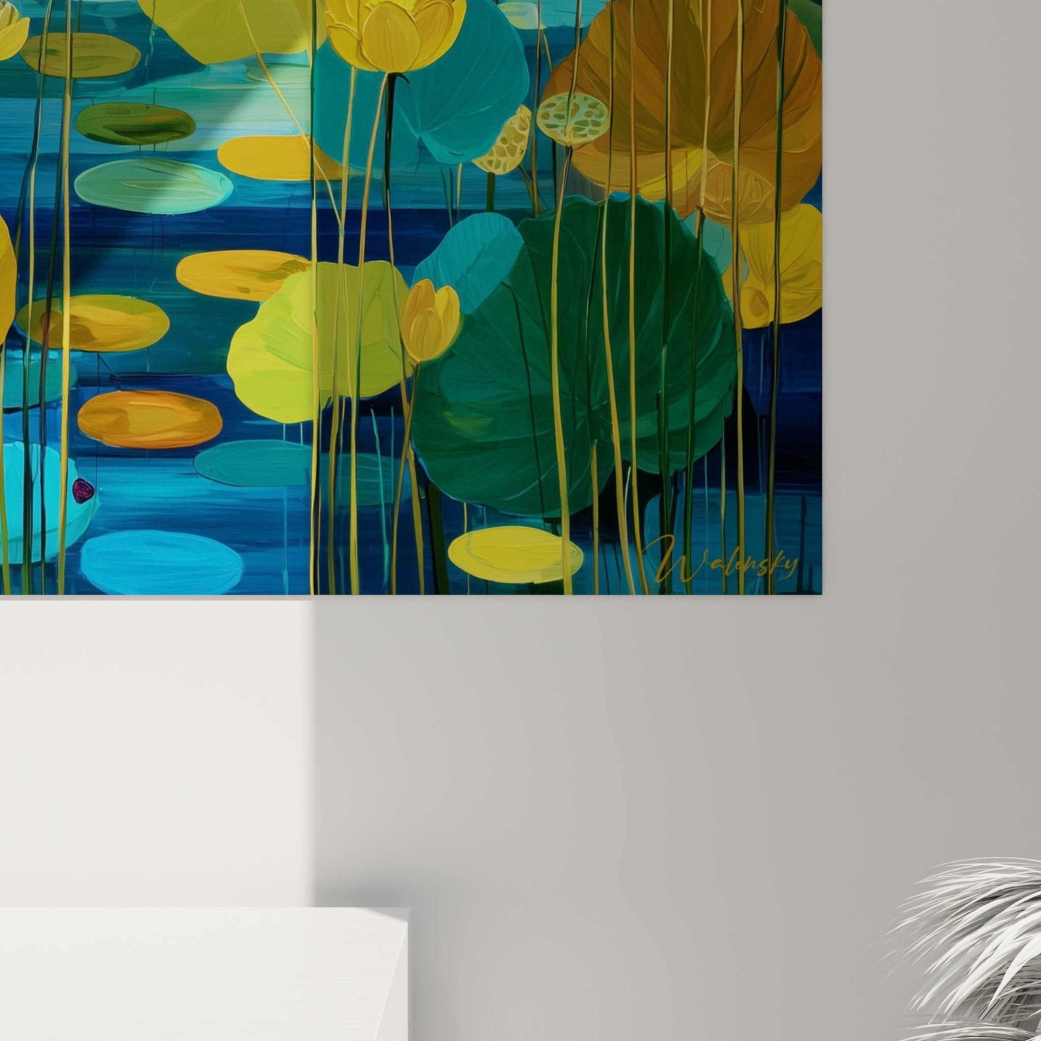 Water lily pond overview, blue and gold aquatic floral composition, decorative wall art