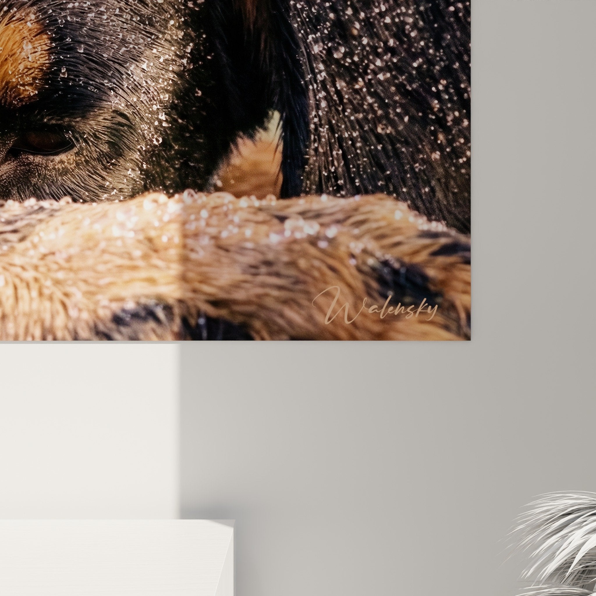 Panoramica del quadro Beauceron sotto la pioggia, opera canina emotiva, arte murale cane, tonalità calde e fredde