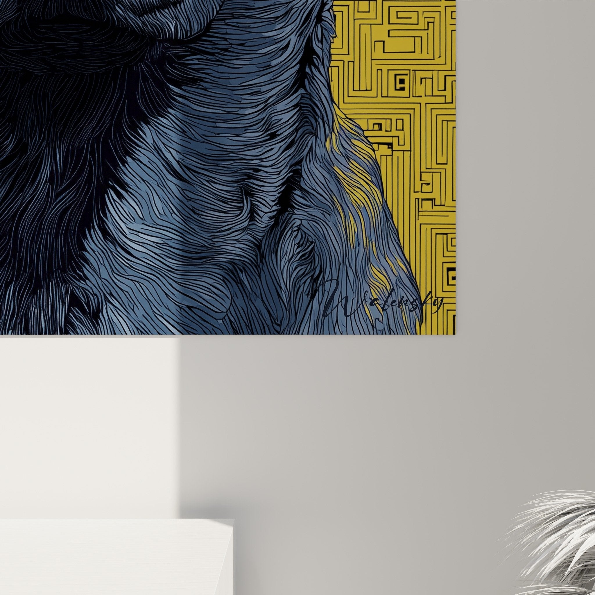 Vue d'ensemble tableau Berger Hollandais bleu et or - œuvre d'art murale motifs géométriques contemporains