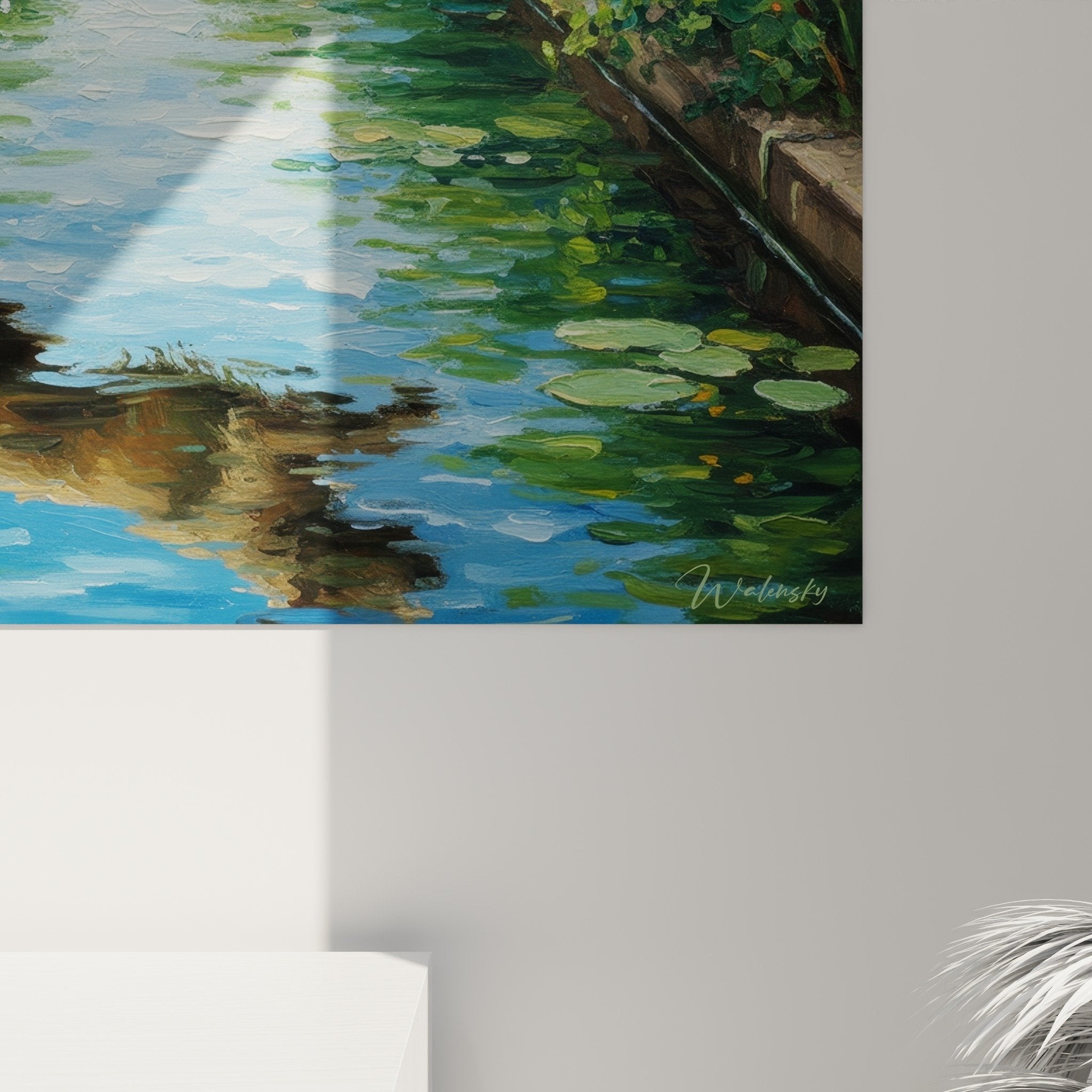 Berger Picard jumping over stream in flowering garden wall art overview interior decoration
