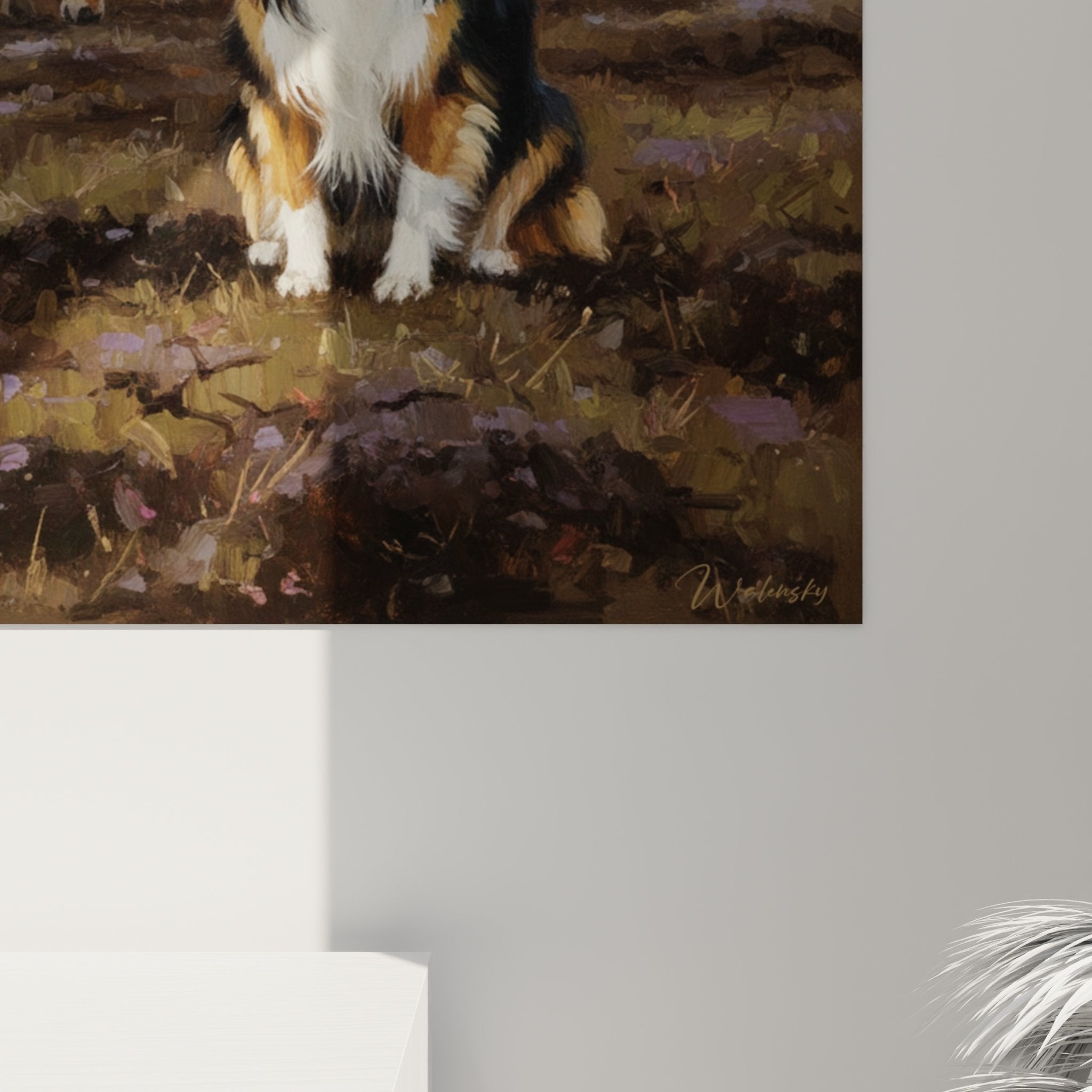 Vue d'ensemble toile animalière Berger des Shetland et poney dans lande sauvage tons terreux