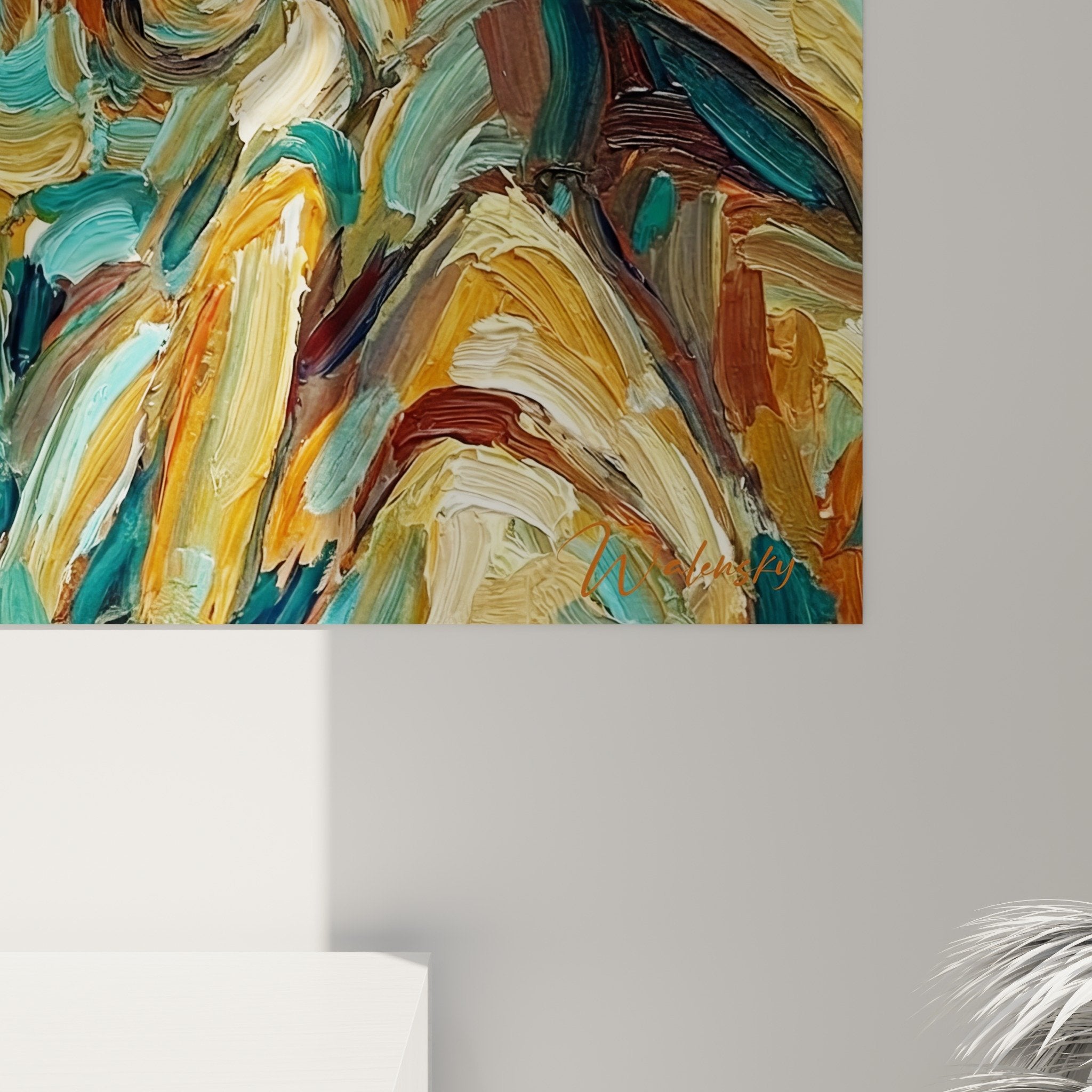 Gesamtansicht expressionistisches Gemälde Bernard-l'hermite lebendige Farben Türkis Ocker dynamische Komposition