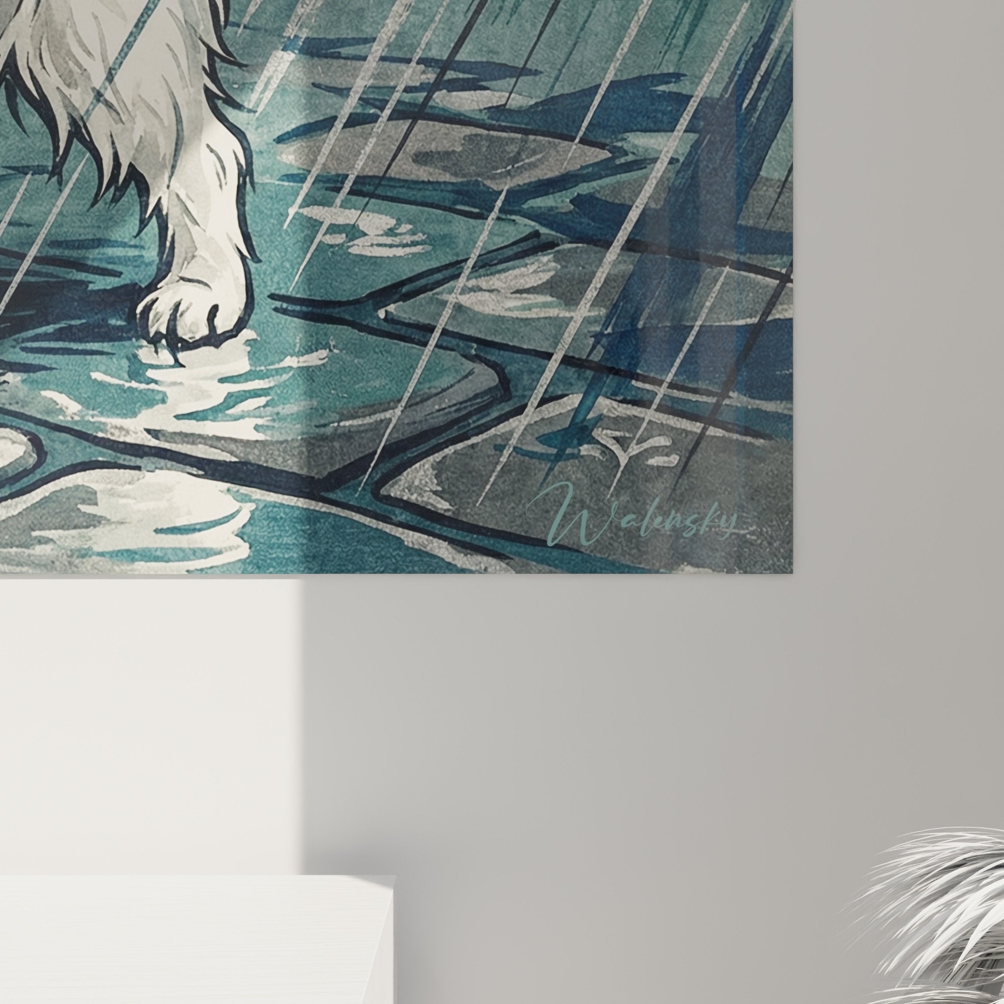 Vue ensemble tableau Bichon Maltais pluvieux dans salon moderne, décoration murale chien blanc