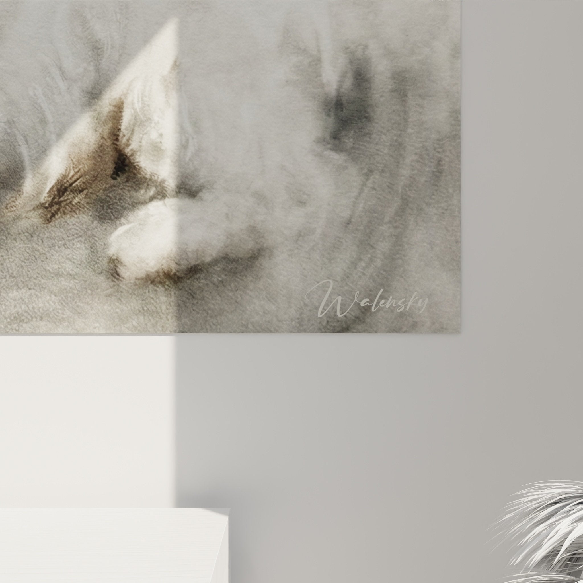 Vue d'ensemble tableau mural Bichon Maltais sépia dans salon cosy avec mobilier scandinave