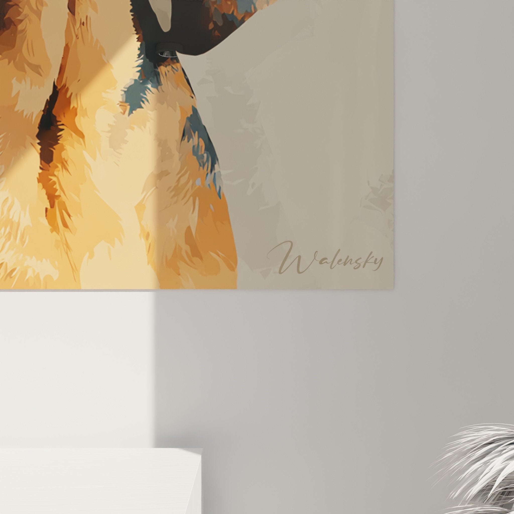 Vue d'ensemble tableau Bloodhound dans intérieur moderne avec éclairage mettant en valeur contrastes