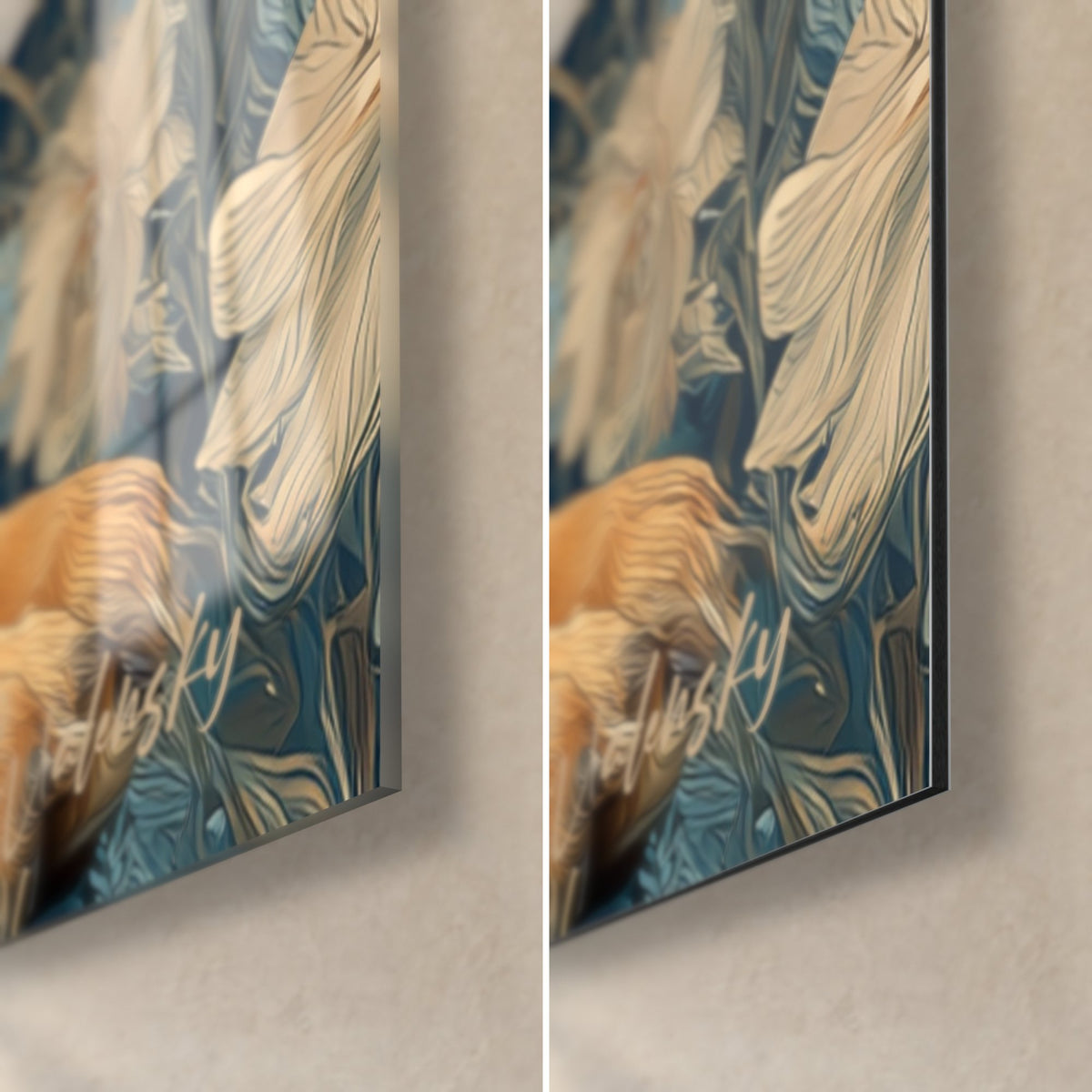 Gemälde kupferfarbener Spürhund, untere rechte Ecke: glänzendes Acrylglas mit Reflexen, mattes Dibond-Aluminium in Ocker und Blau, 3 mm Kante