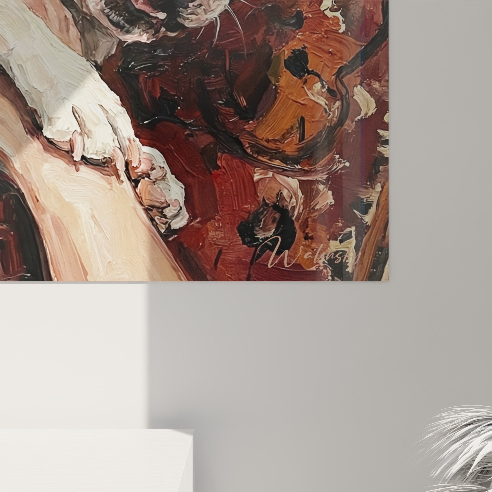 Vue d'ensemble tableau Boston Terrier repos sur tapis oriental rouge, décoration murale chaleureuse