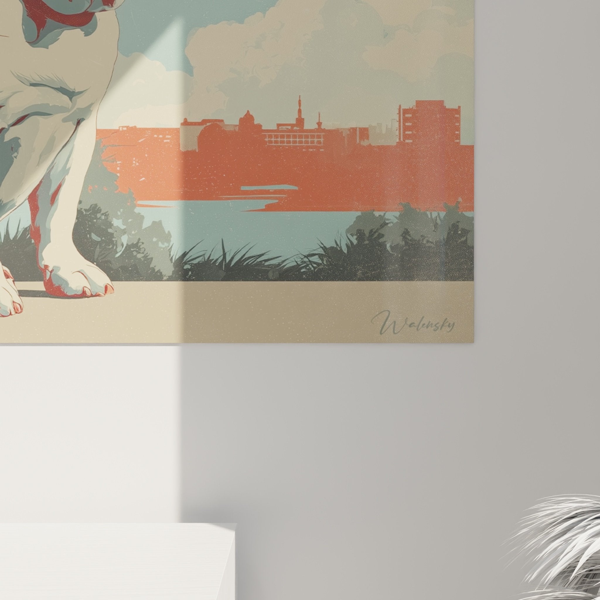 Vue ensemble tableau bouledogue anglais decoration murale salon art vintage urbain tons chauds