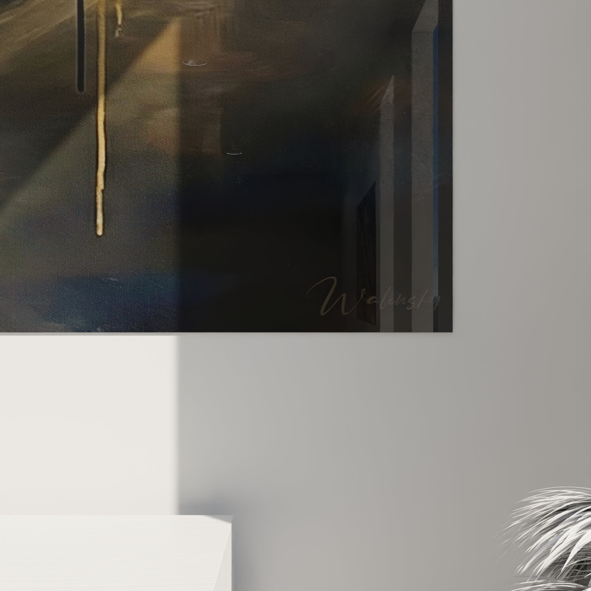 Vue d'ensemble œuvre bouledogue français contemplatif fenêtre lumière chaude décoration intérieure