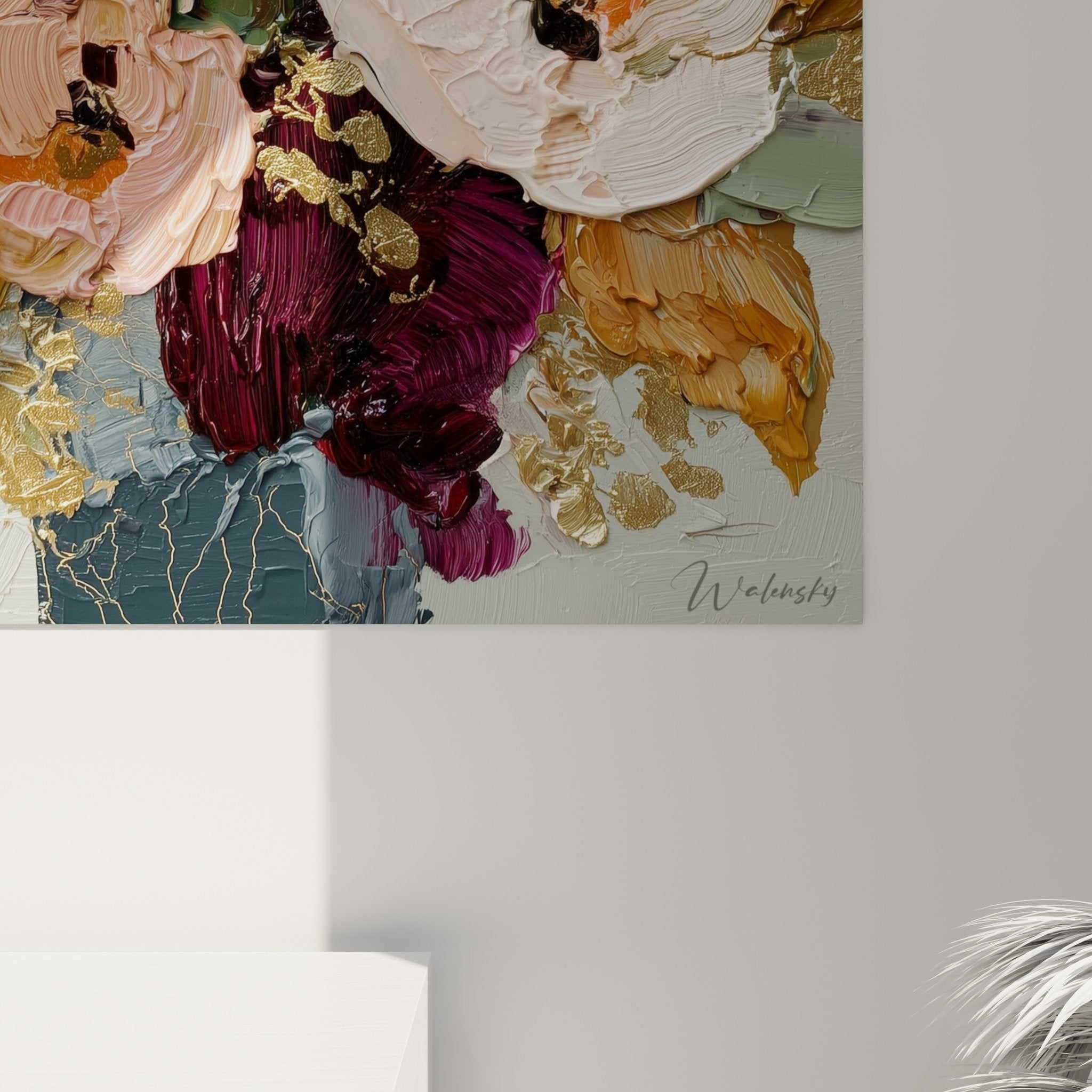 Vue ensemble tableau fleurs roses bordeaux feng shui sud ouest terre salon moderne