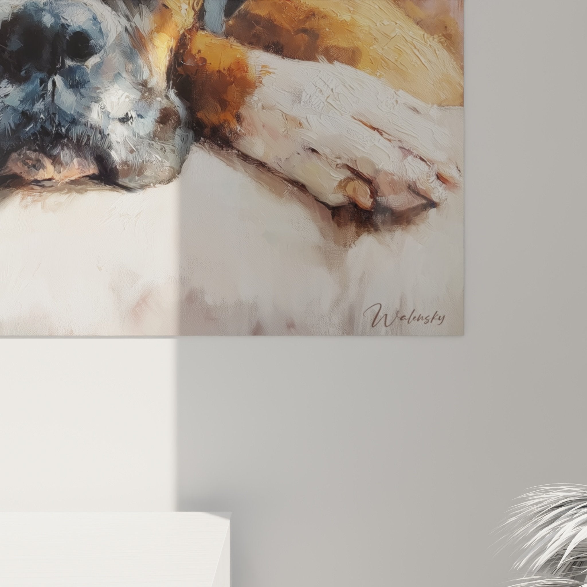 Gesamtansicht des Werks Boxer in Ruhe, intime Komposition auf blaugrauem Hintergrund, ergreifende Wandkunst