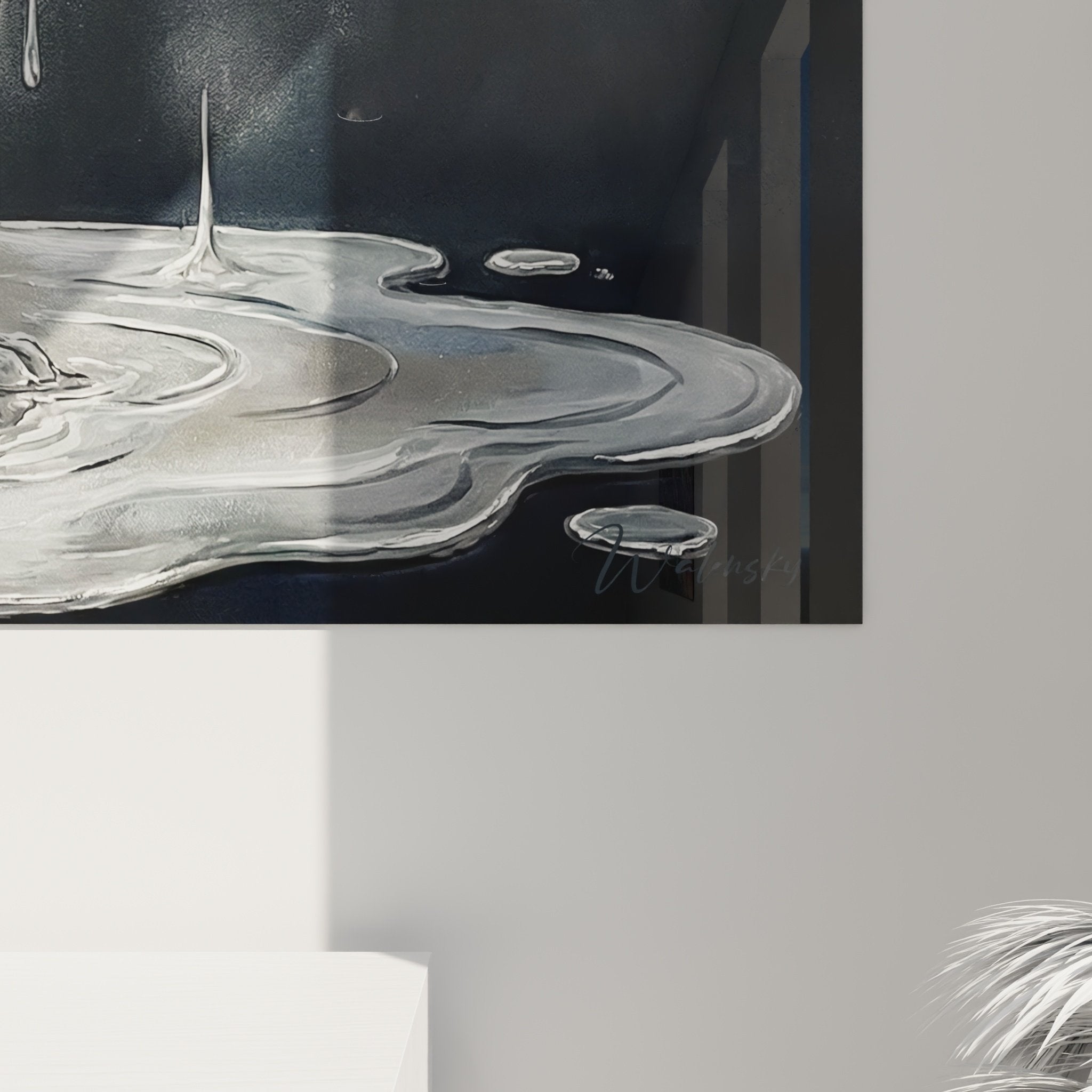 Overview of the liquefied Weimar Braque painting in contemporary interior with ambient lighting