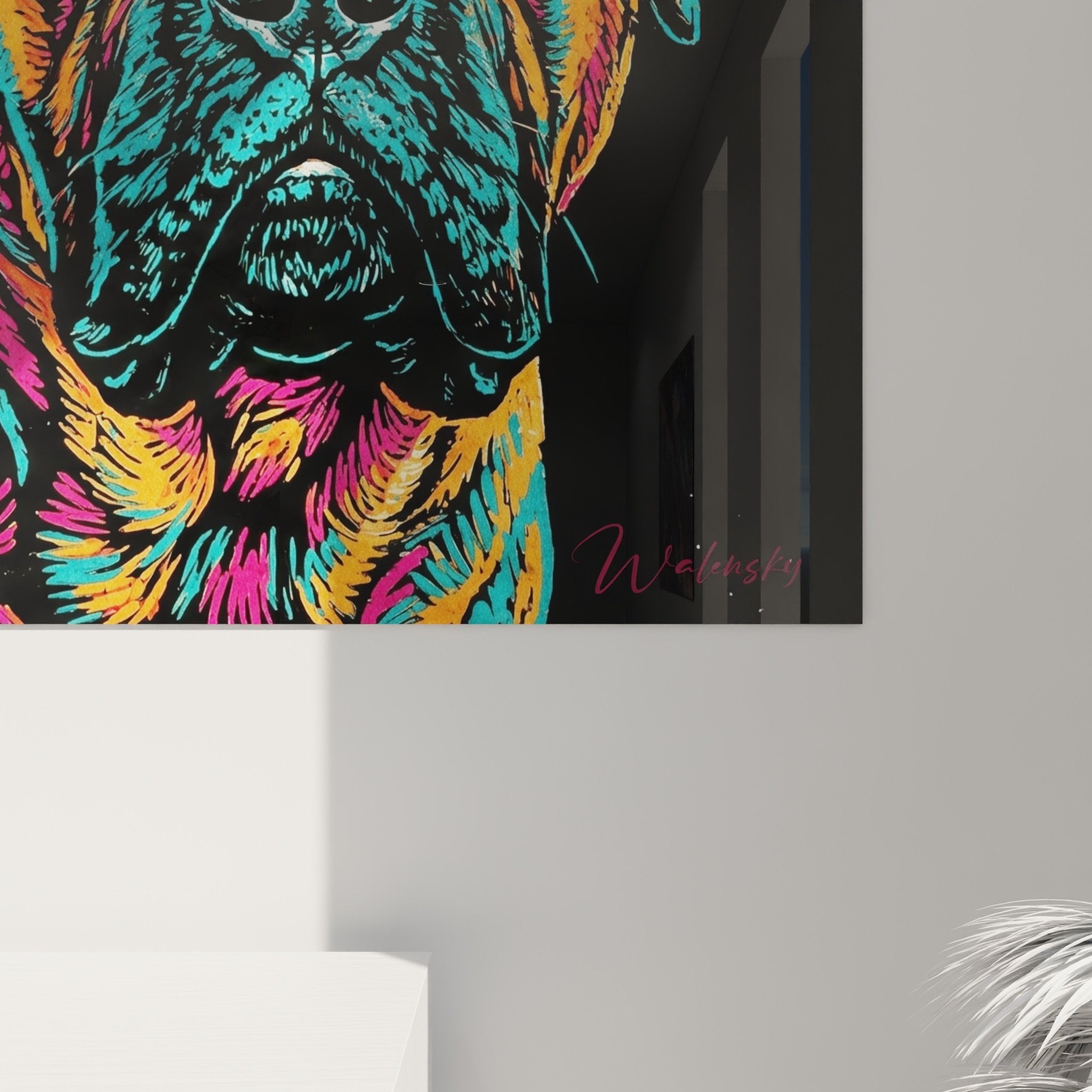 Übersichtsansicht Wandgemälde Bullmastiff Blumenkrone leuchtende Farben zeitgenössische Tierkunst