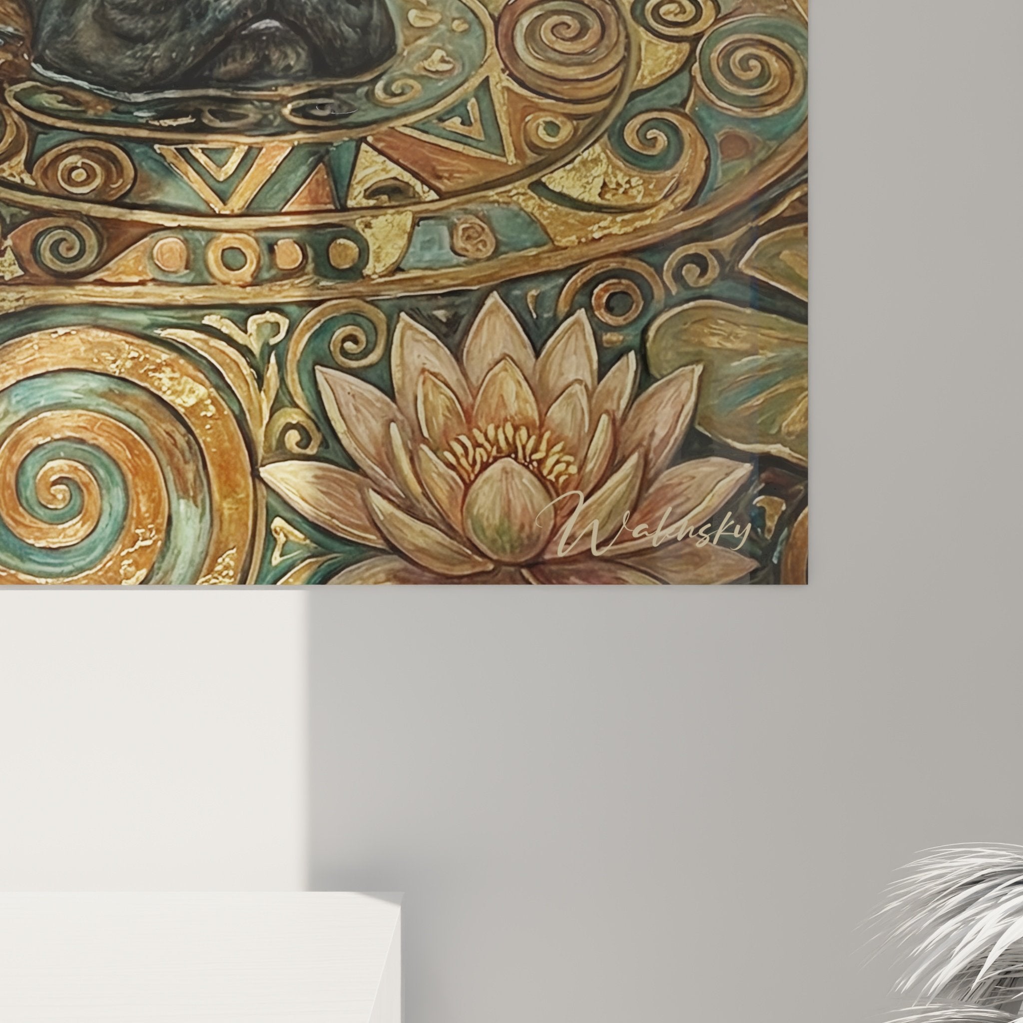 Vue d'ensemble œuvre Bullmastiff décorative, eau ornementée et nénuphars, style art contemplatif