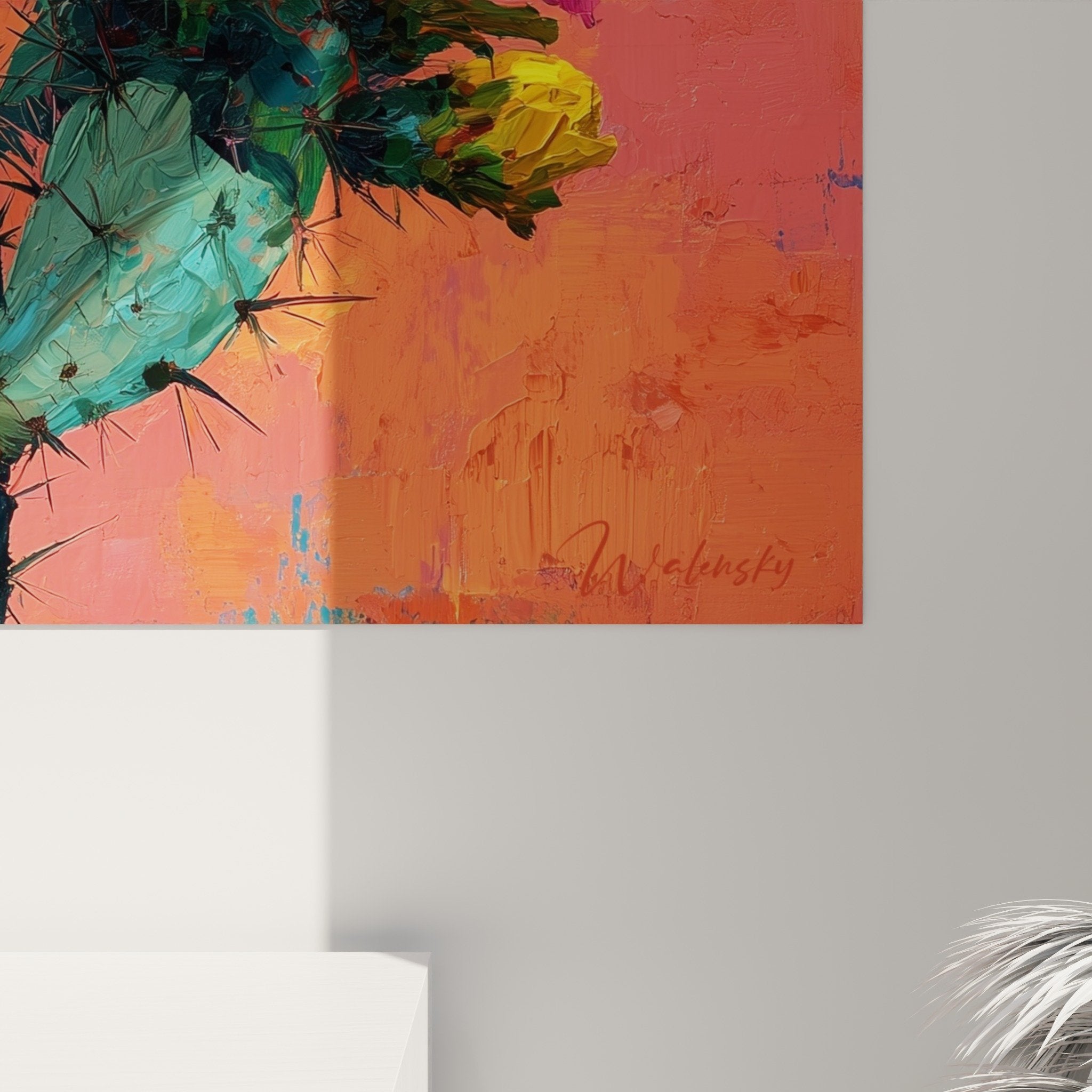 Vue d'ensemble tableau cactus fleuri tons orange rose turquoise composition géométrique style cubisme