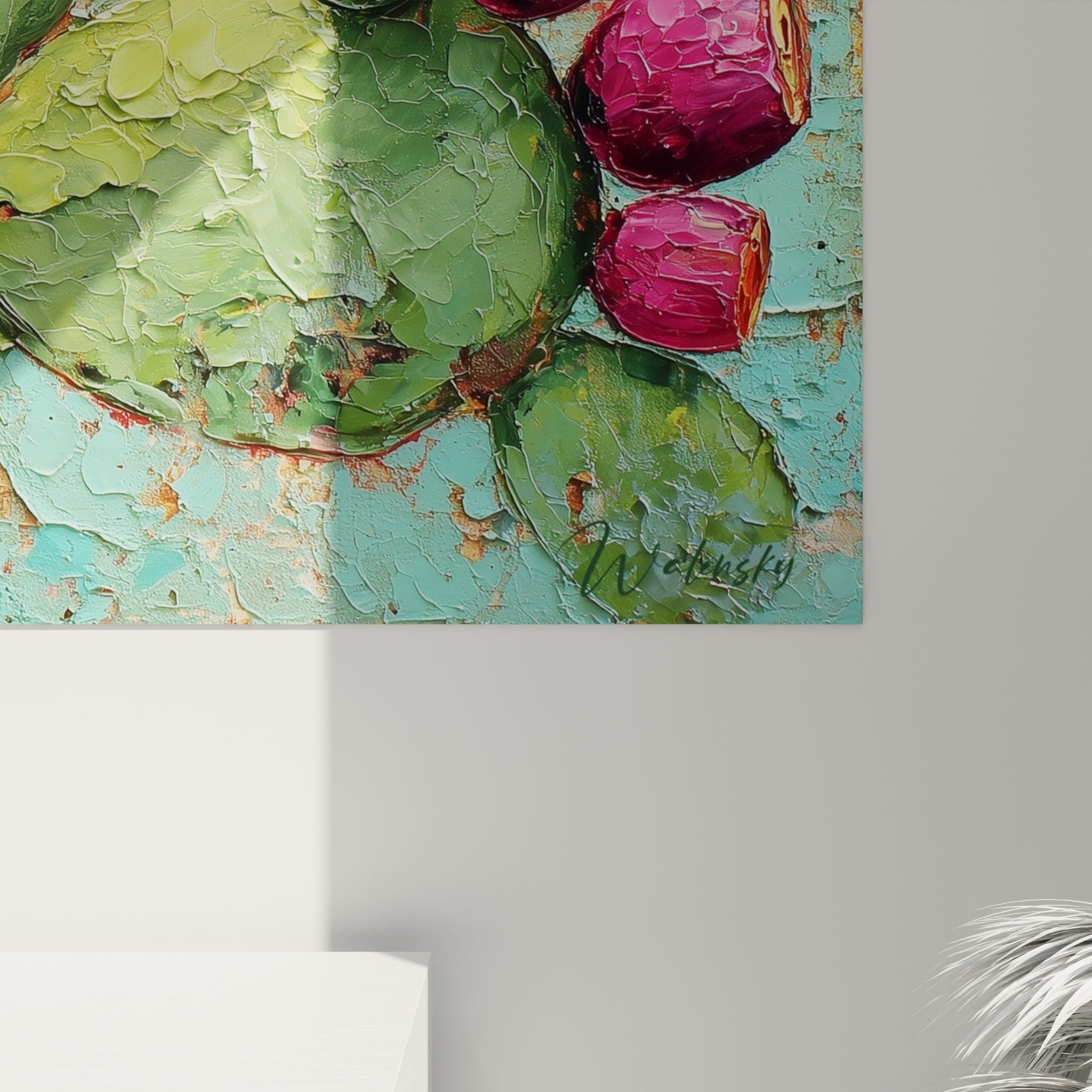 Vue d'ensemble tableau cactus fleuris roses verts mur patiné turquoise décoration moderne cubisme