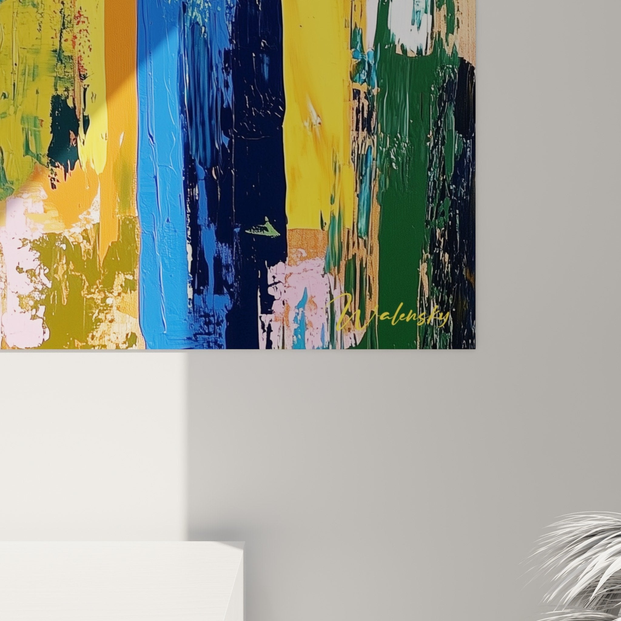 Vue d'ensemble œuvre murale cactus géométriques palette multicolore cubisme