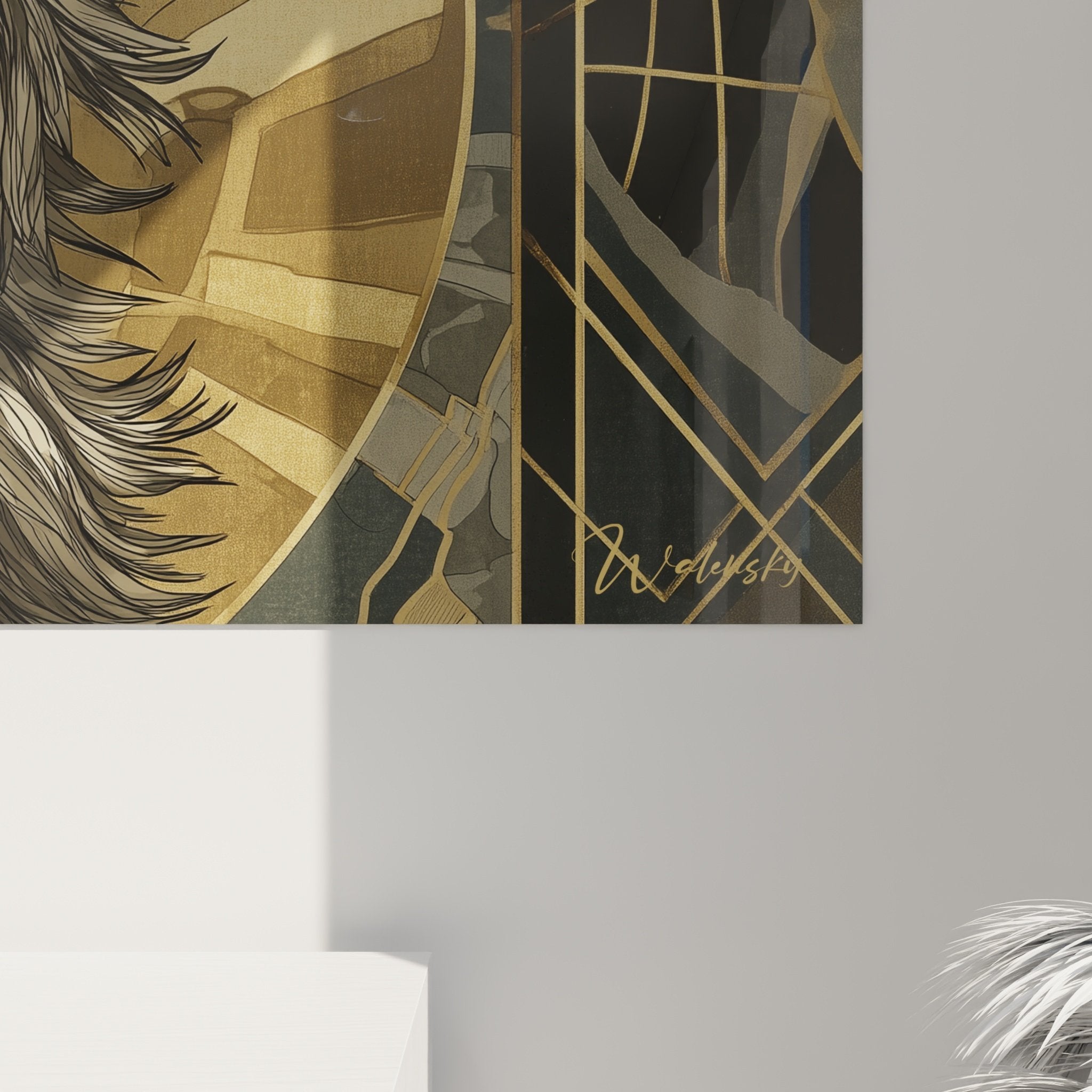 Vue d'ensemble tableau décoratif Cairn Terrier style art déco avec éléments géométriques dorés