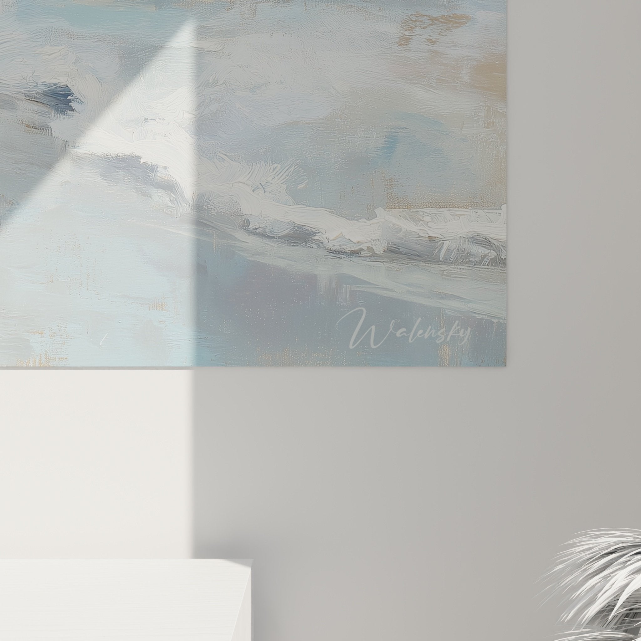 Vue d'ensemble tableau mural Cairn Terrier plage océan, tons bleus turquoise et reflets dorés