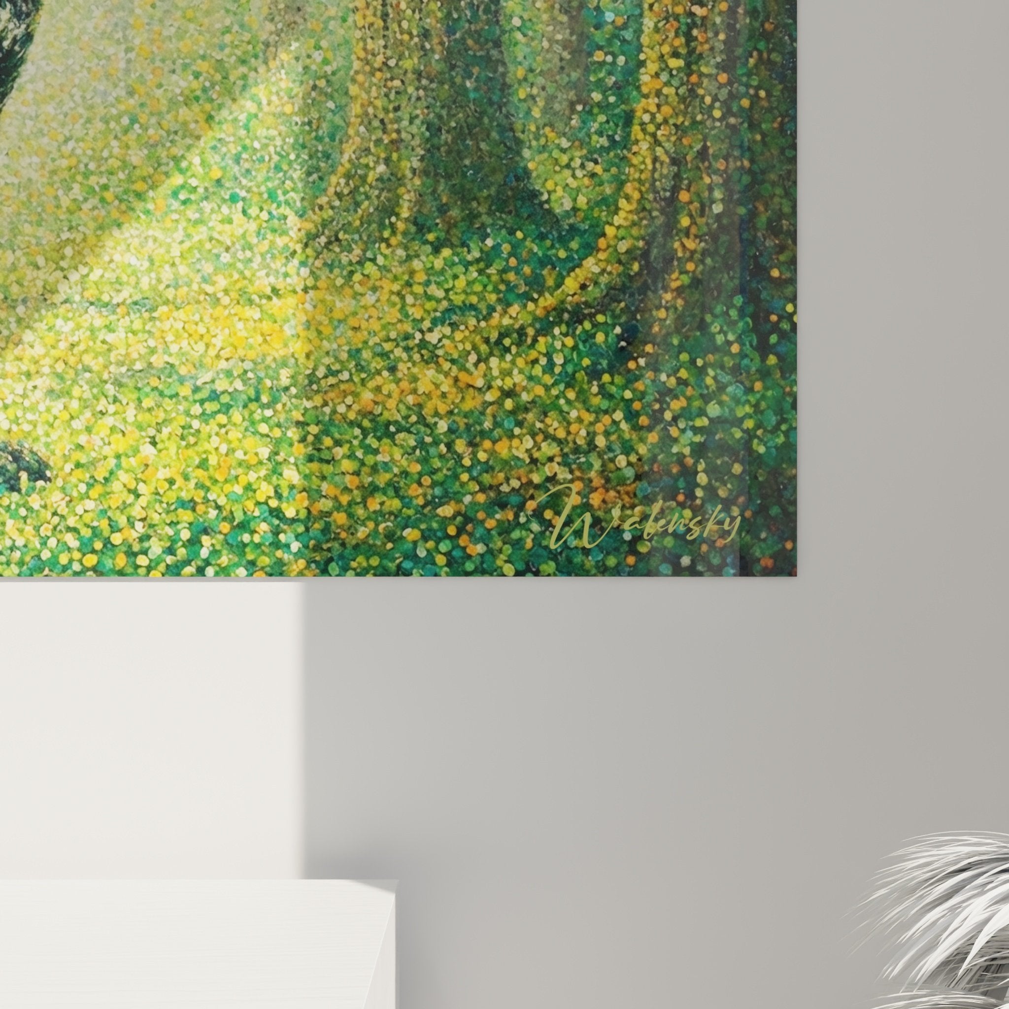 Vue d'ensemble tableau Cane Corso forêt mystérieuse, ambiance lumineuse dorée et verte, art pointilliste