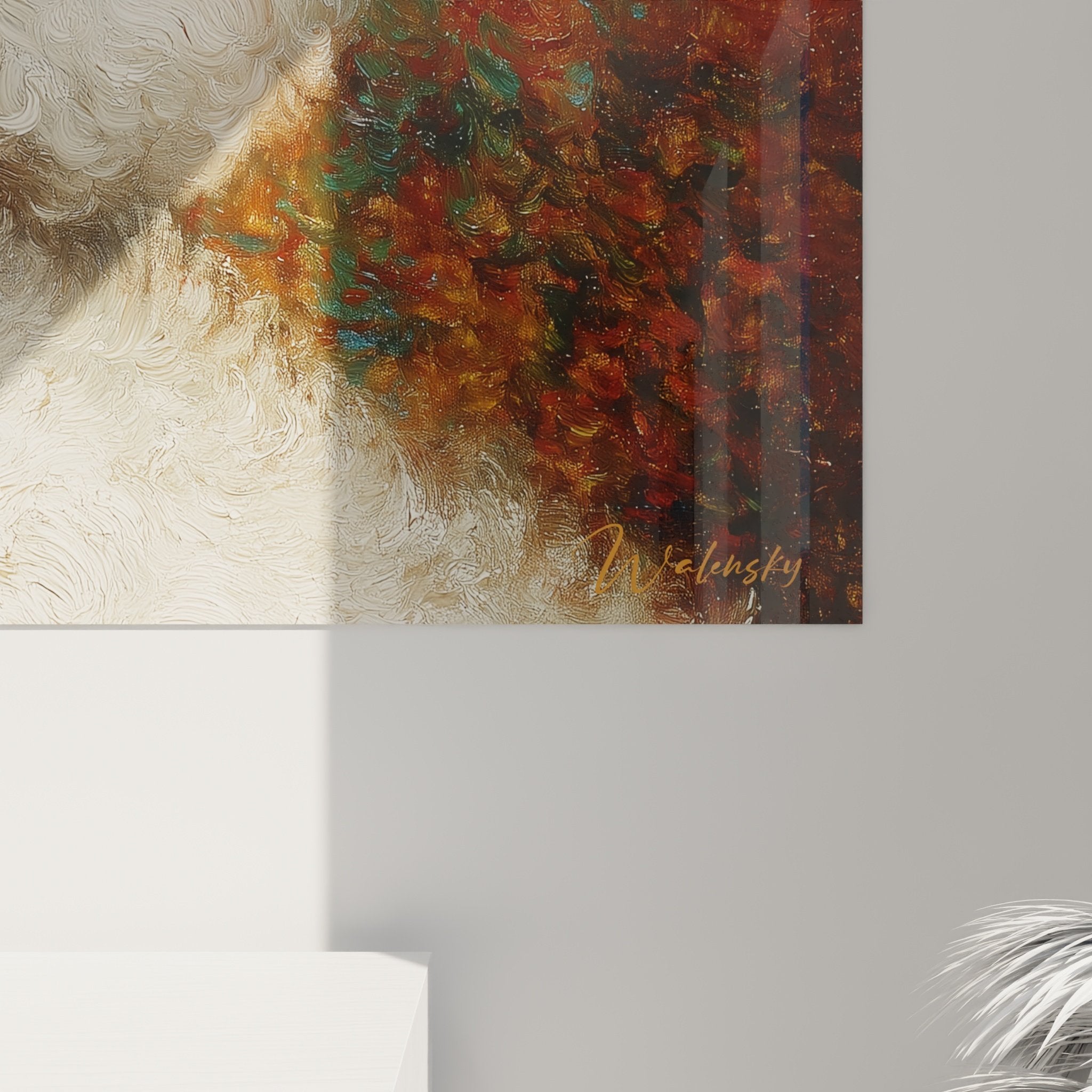 Vue ensemble tableau caniche blanc fleurs colorees composition florale orangee rouge art mural decoratif salon