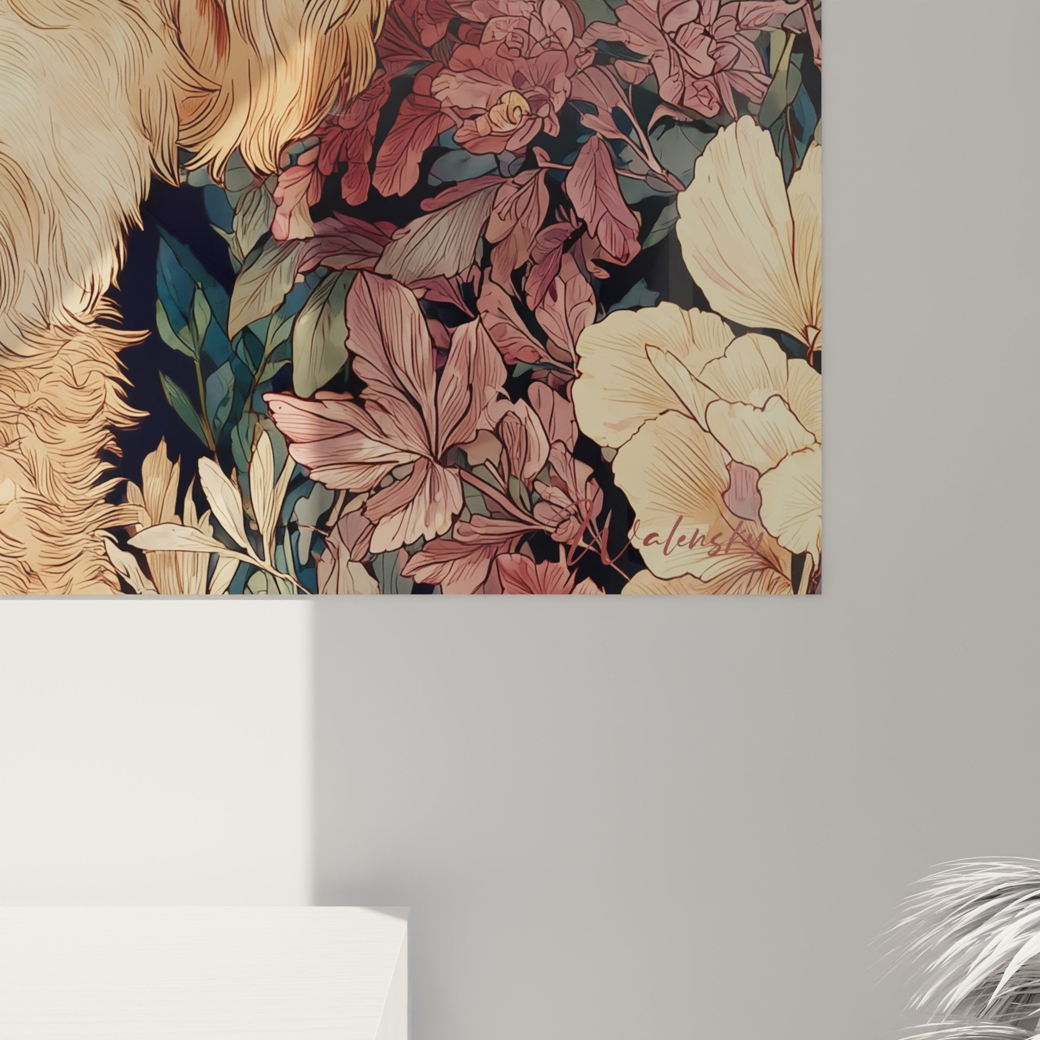 Vue d'ensemble tableau caniche dans jardin fleuri - œuvre décorative tons pastel et dorés