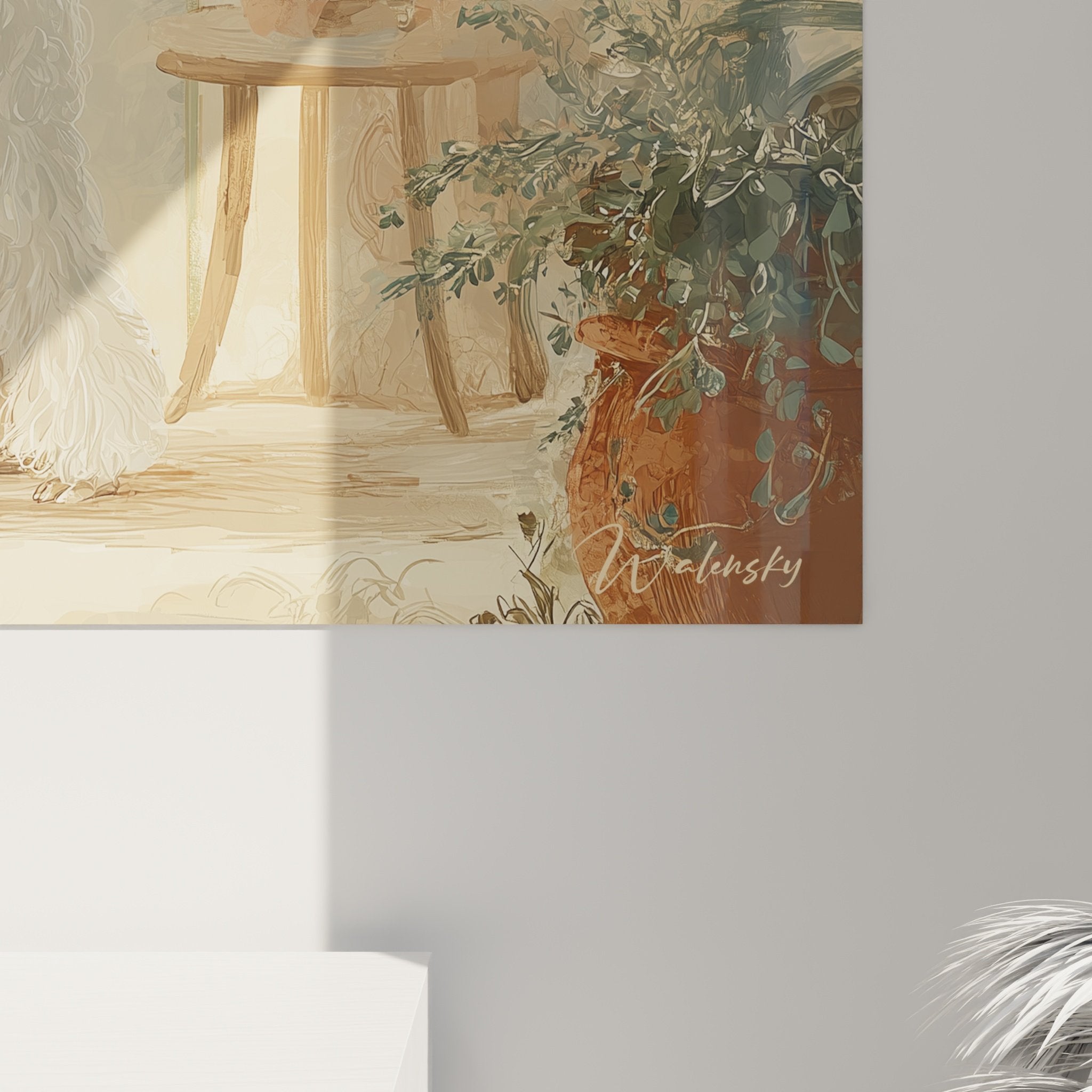 Vue ensemble tableau caniche jardin d'hiver tons poudrés décoration murale élégante