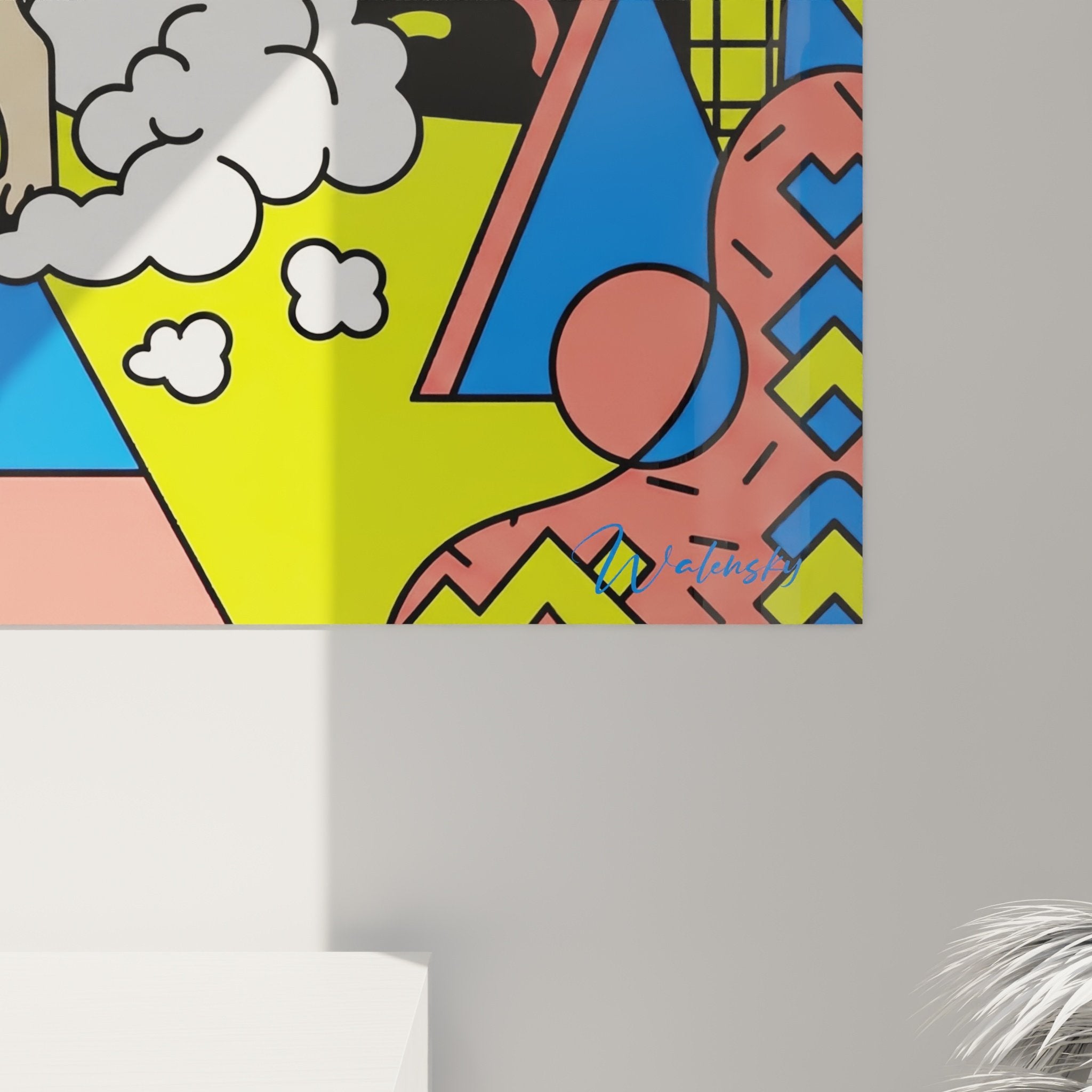 Übersichtsansicht Mopskunstwerk geometrisches Bad an moderner Innenwand aufgehängt zeitgenössische Dekoration