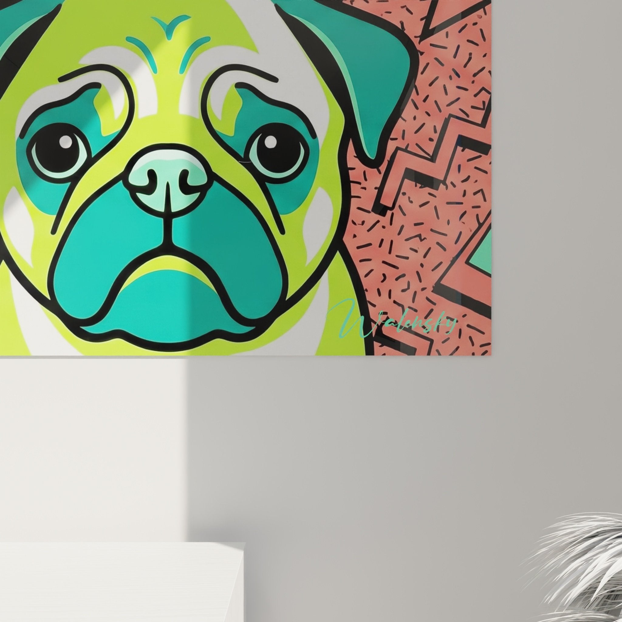 Gesamtansicht Vierteiliges Gemälde Mops Pop-Art in Pastellfarben modernes Wohnzimmer
