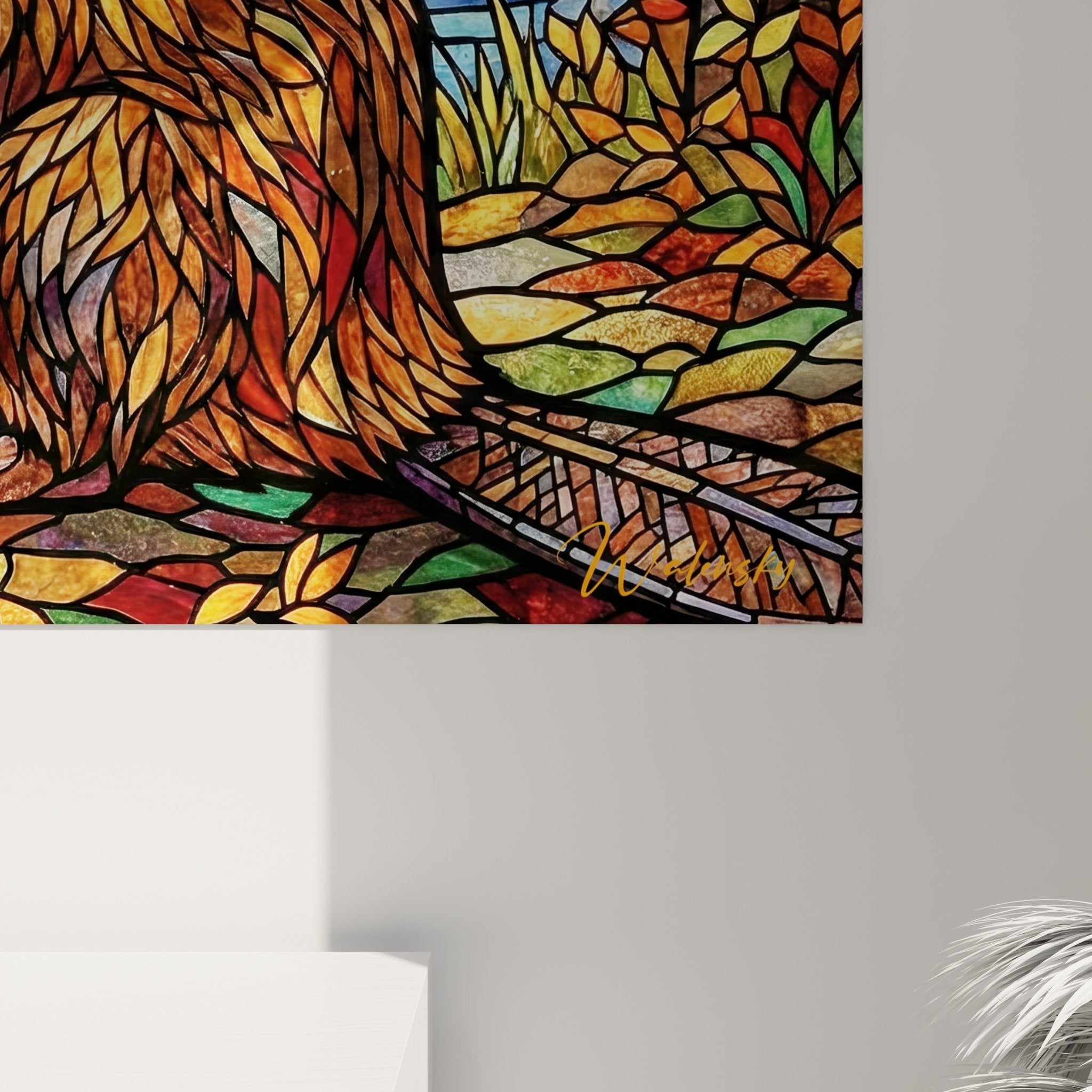 Übersichtsansicht Bild herbstlicher Biber im Buntglasstil mit goldenen Blättern und Wasserreflexen