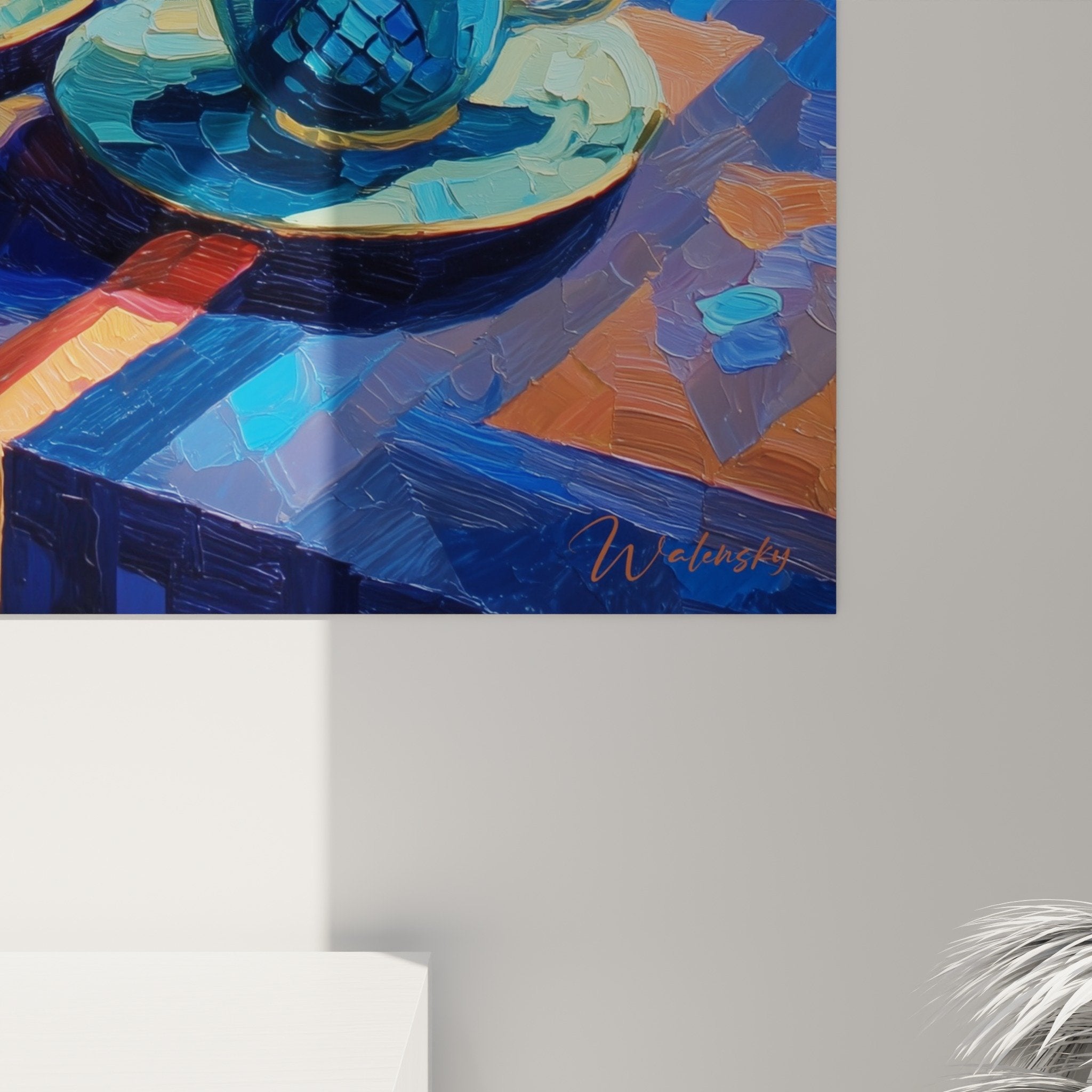 Overview of Japanese tea ceremony artwork with blue teapot and golden ambiance