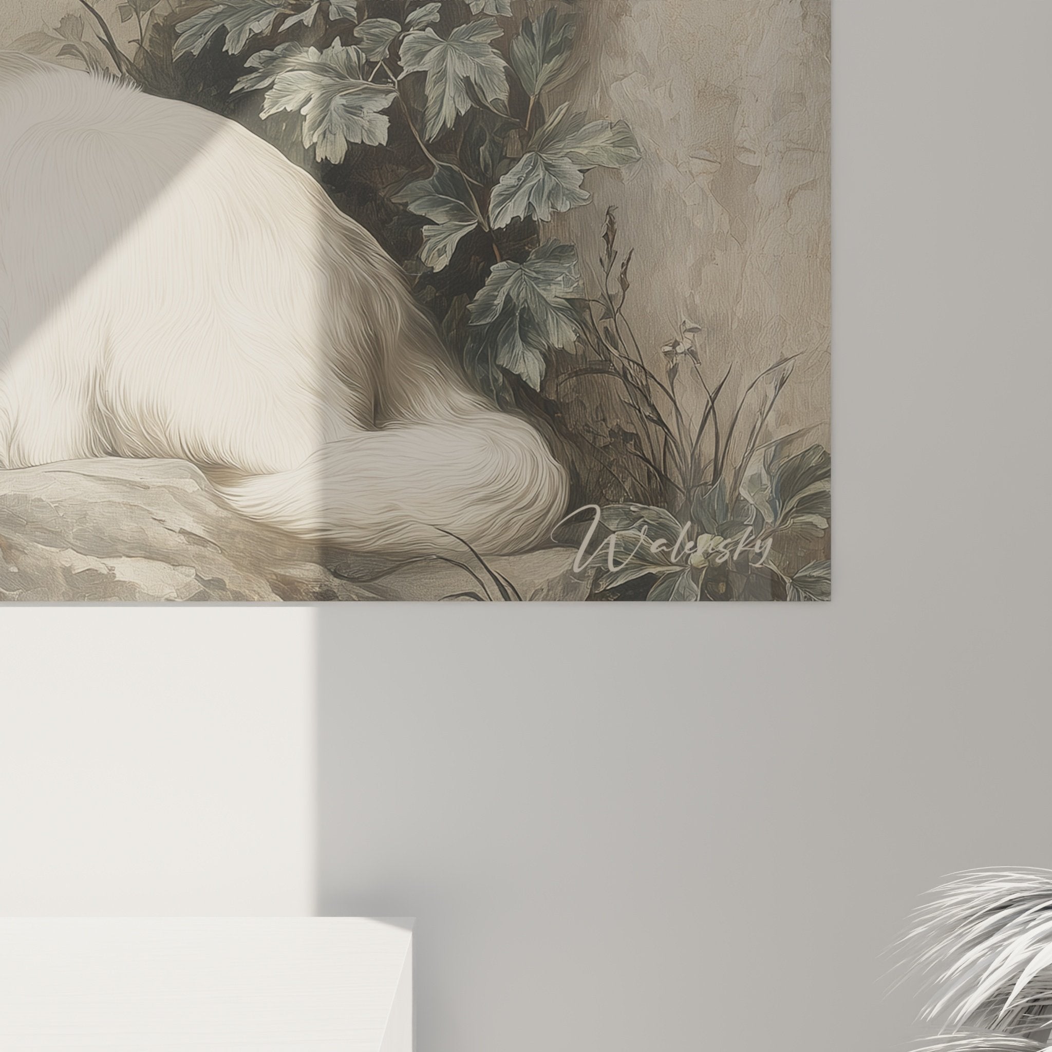 Vue d'ensemble tableau chien blanc au repos dans paysage montagnard aux tons doux