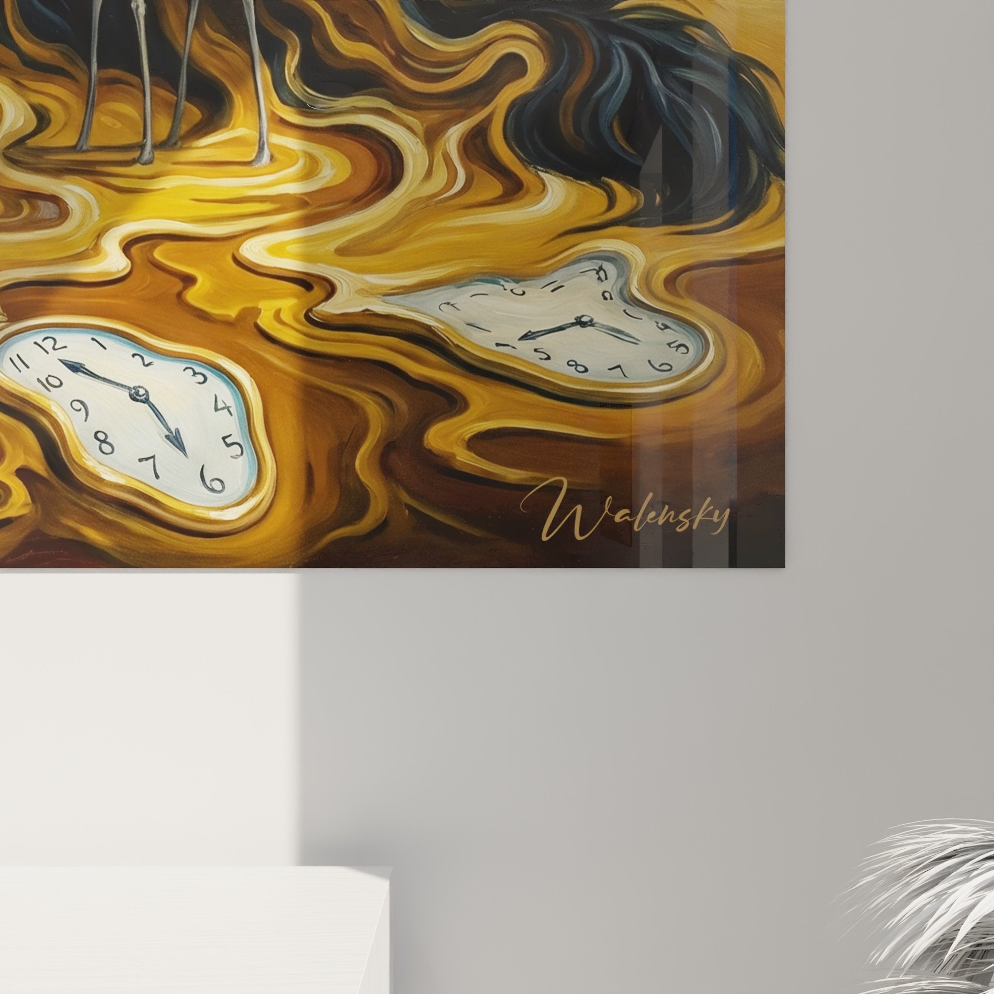 Vue d'ensemble œuvre surréaliste chien géant paisible dans paysage fantastique aux éléphants