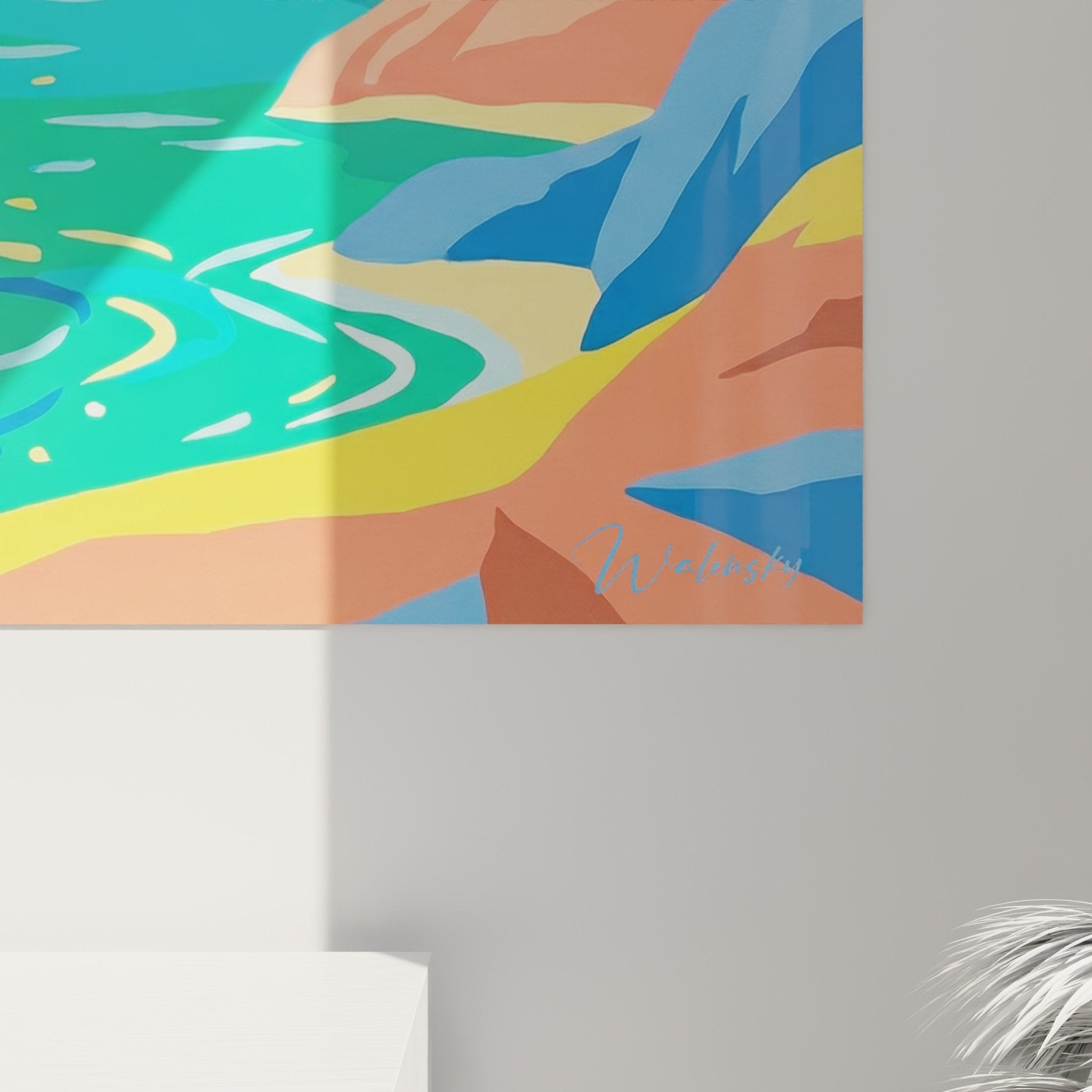 Vue ensemble déco murale Terre Neuve bondissant dans paysage aquatique aux tons corail et bleu cyan