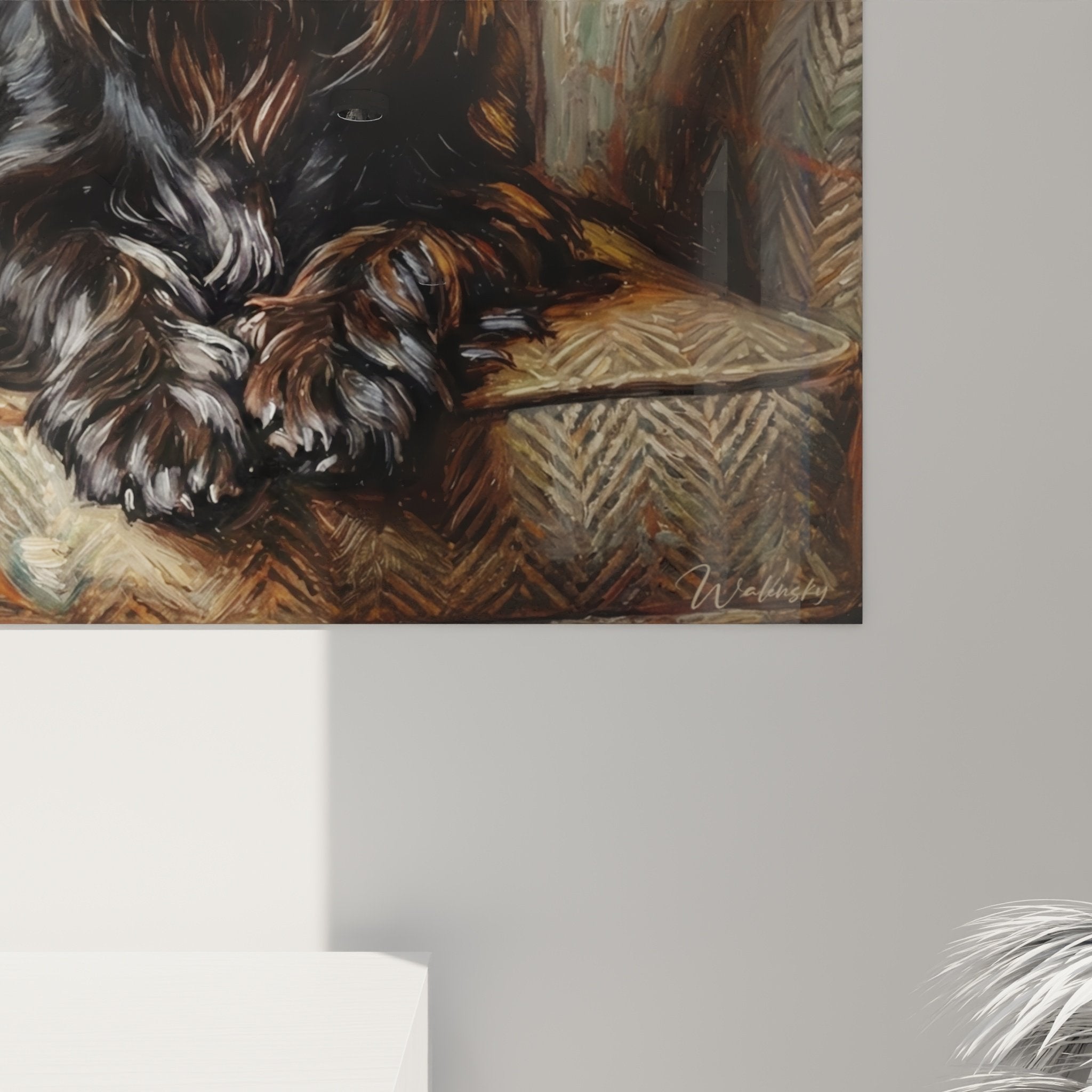 Vue d'ensemble tableau chien de race dans salon bourgeois, étagères de livres, atmosphère chaleureuse