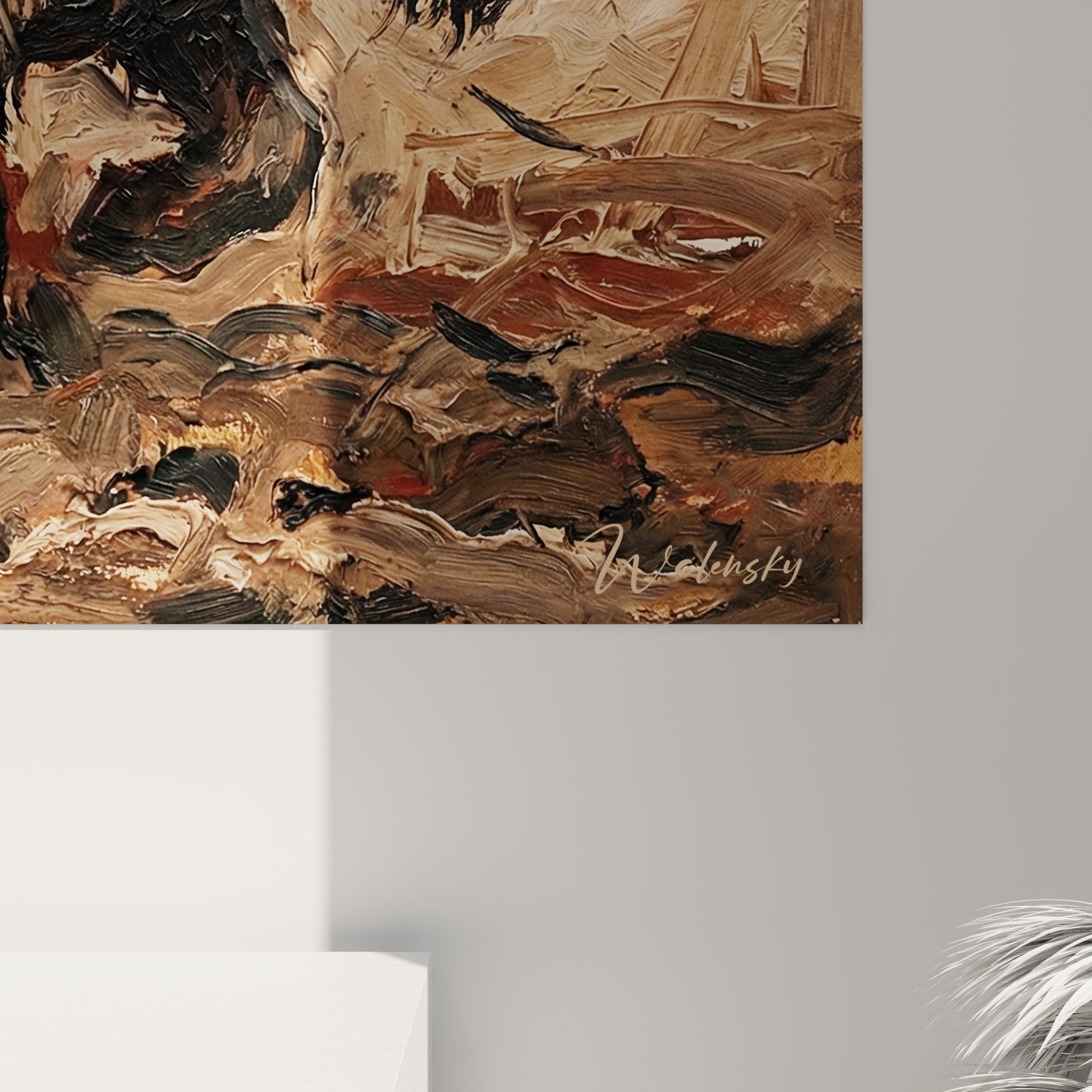 Panoramica quadro cane da tiro al lavoro, composizione orizzontale tonalità marroni e ocra