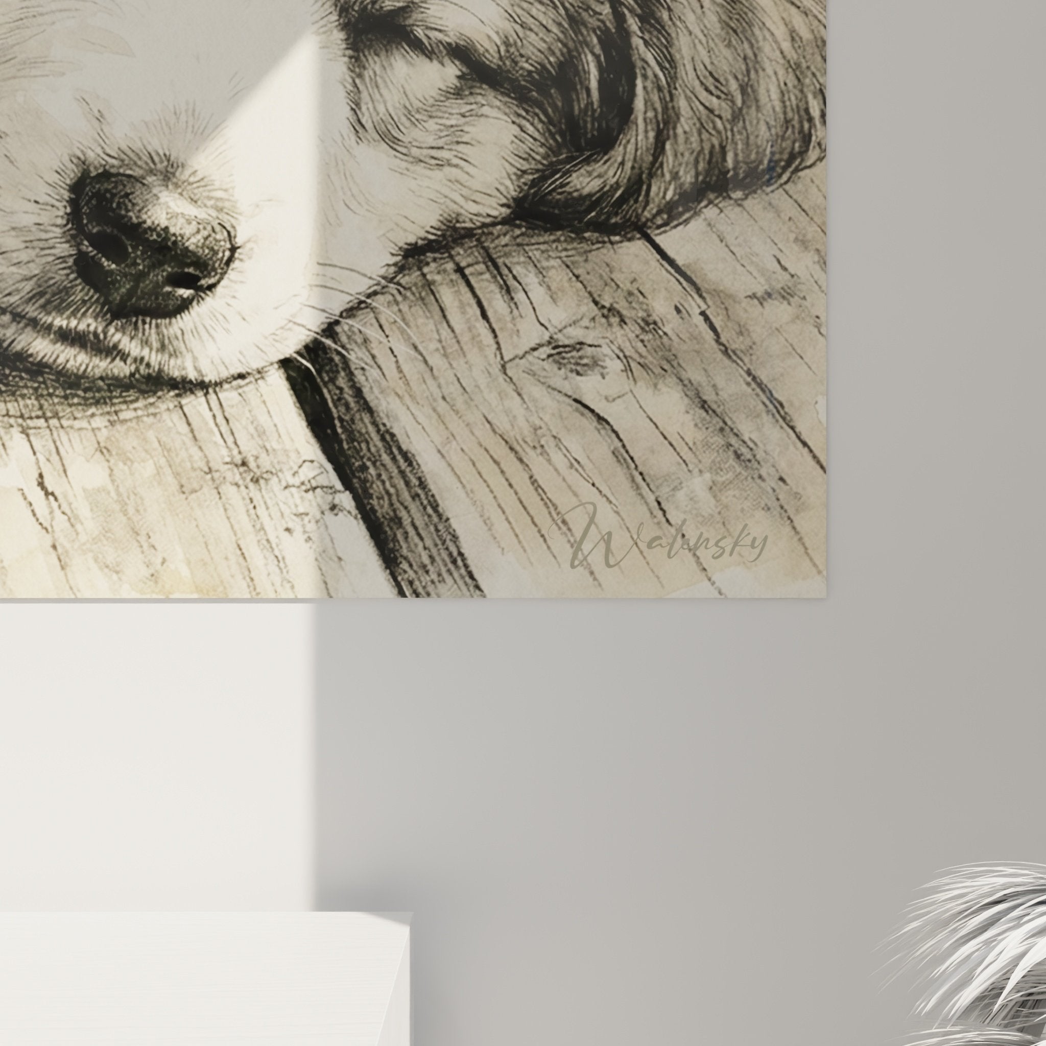 Übersichtsansicht Kunstwerk Welpe Pyrenäen schlafend natürliche Beige-Palette Wanddekoration