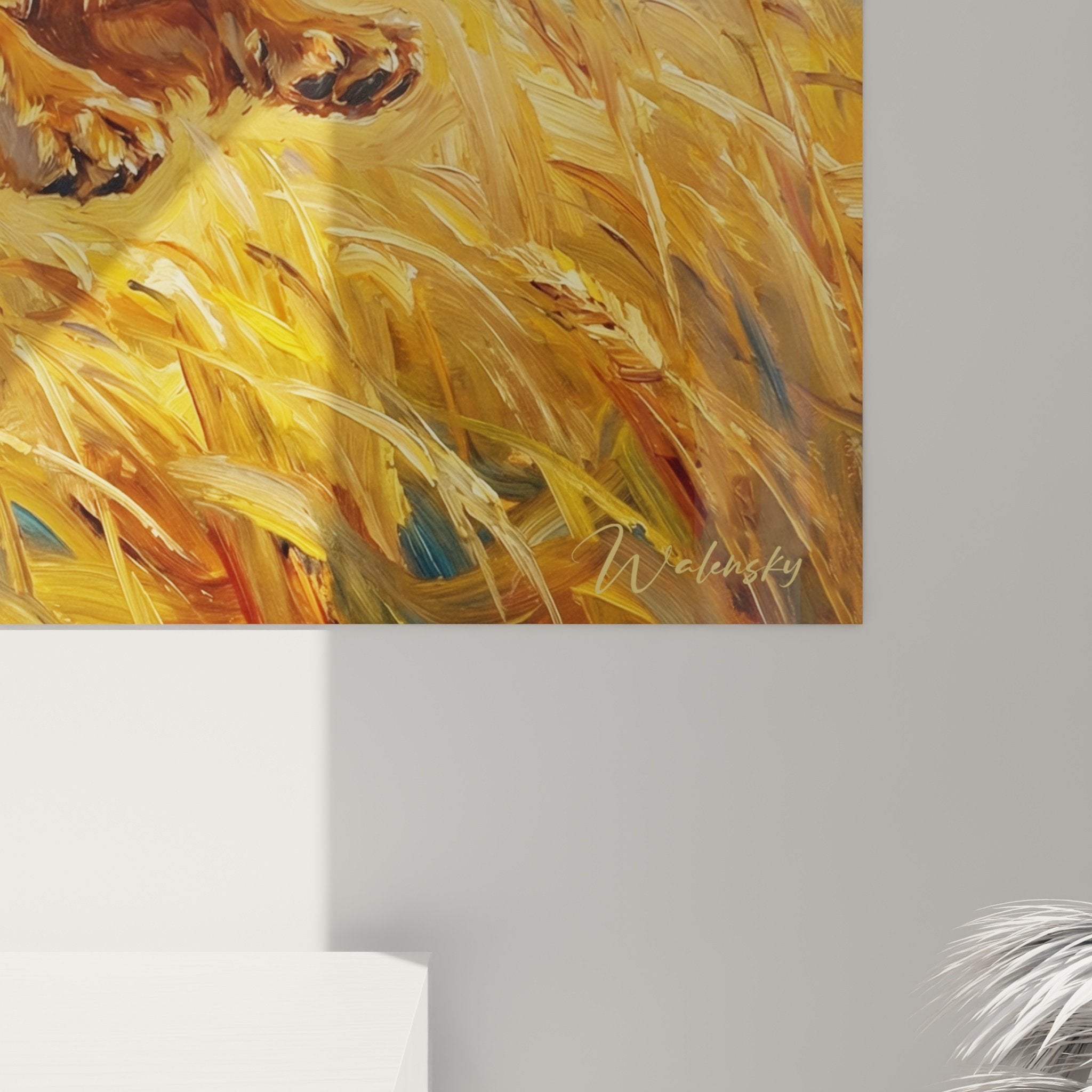 Vue d'ensemble toile cocker anglais dans champ doré - composition impressionniste aux couleurs automnales