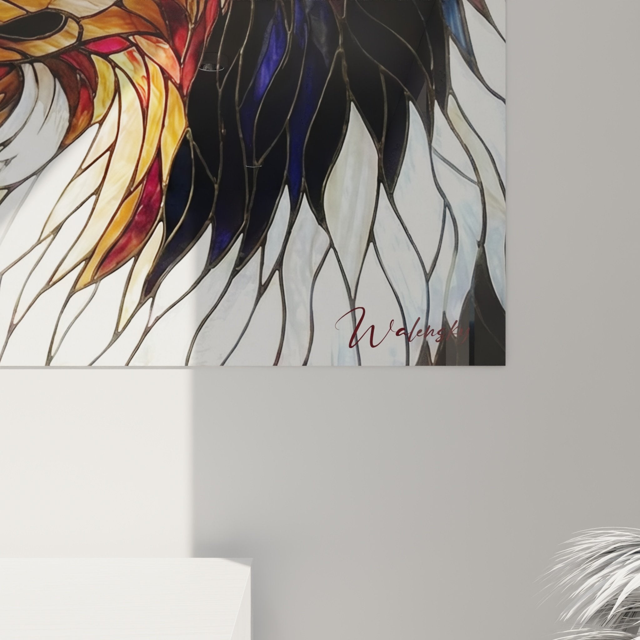 Übersichtsansicht Collie Mosaic Gemälde, geometrische Tessellations Kunst blau orange, zeitgenössischer Buntglaskünstler-Stil