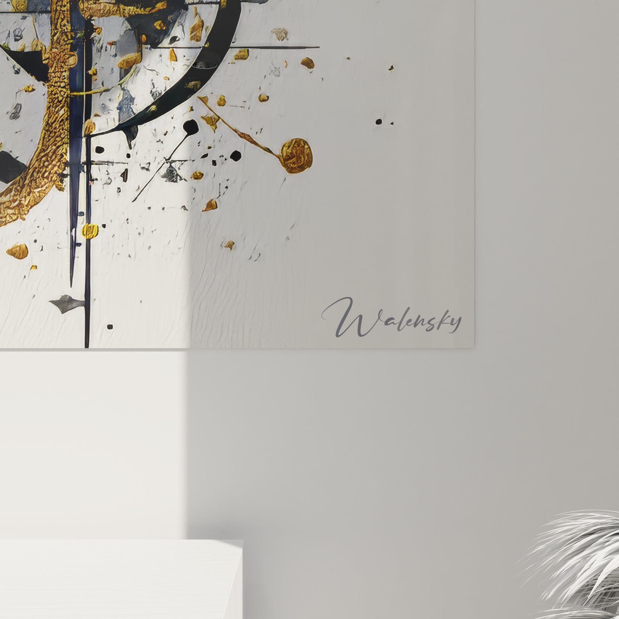 Vue ensemble tableau composition abstraite explosive dorée décoration murale art contemporain